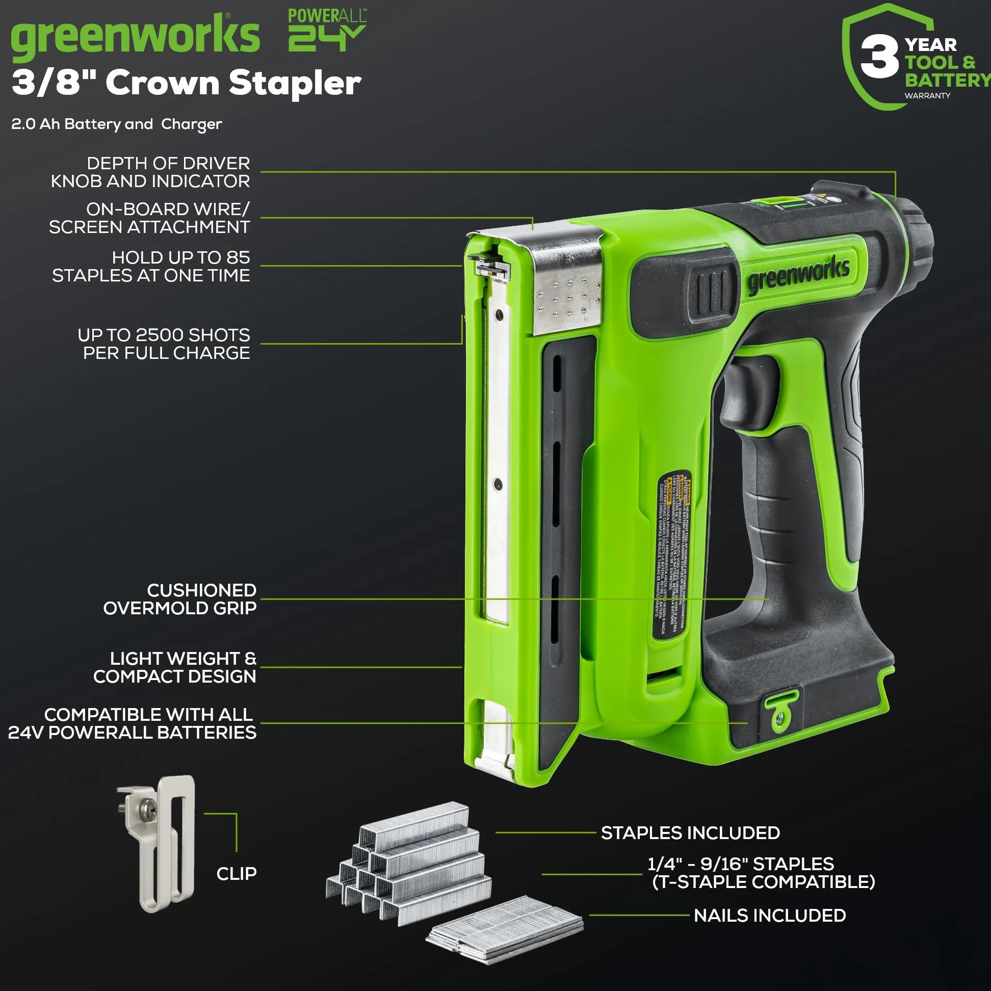 Greenworks Cucitrice a corona da 24 V 3/8" con batteria da 2 Ah e caricabatterie da 2 A