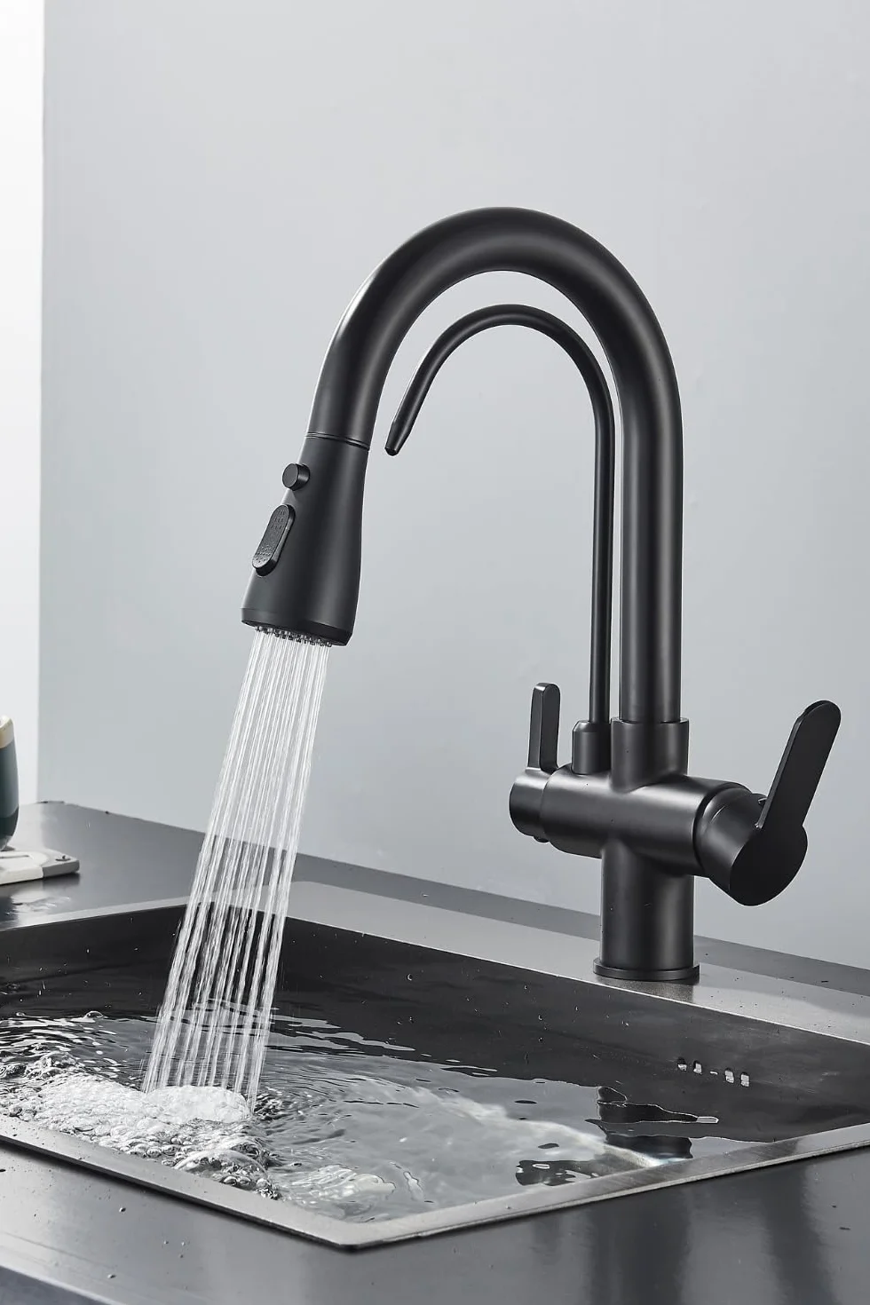 Nordic - Rubinetto da cucina a 3 vie, con collegamento filtro dell'acqua, doccetta estraibile, girevole a 360°, vie d'acqua separate, 2 tipi di getto, cartuccia in ceramica, nero opaco
