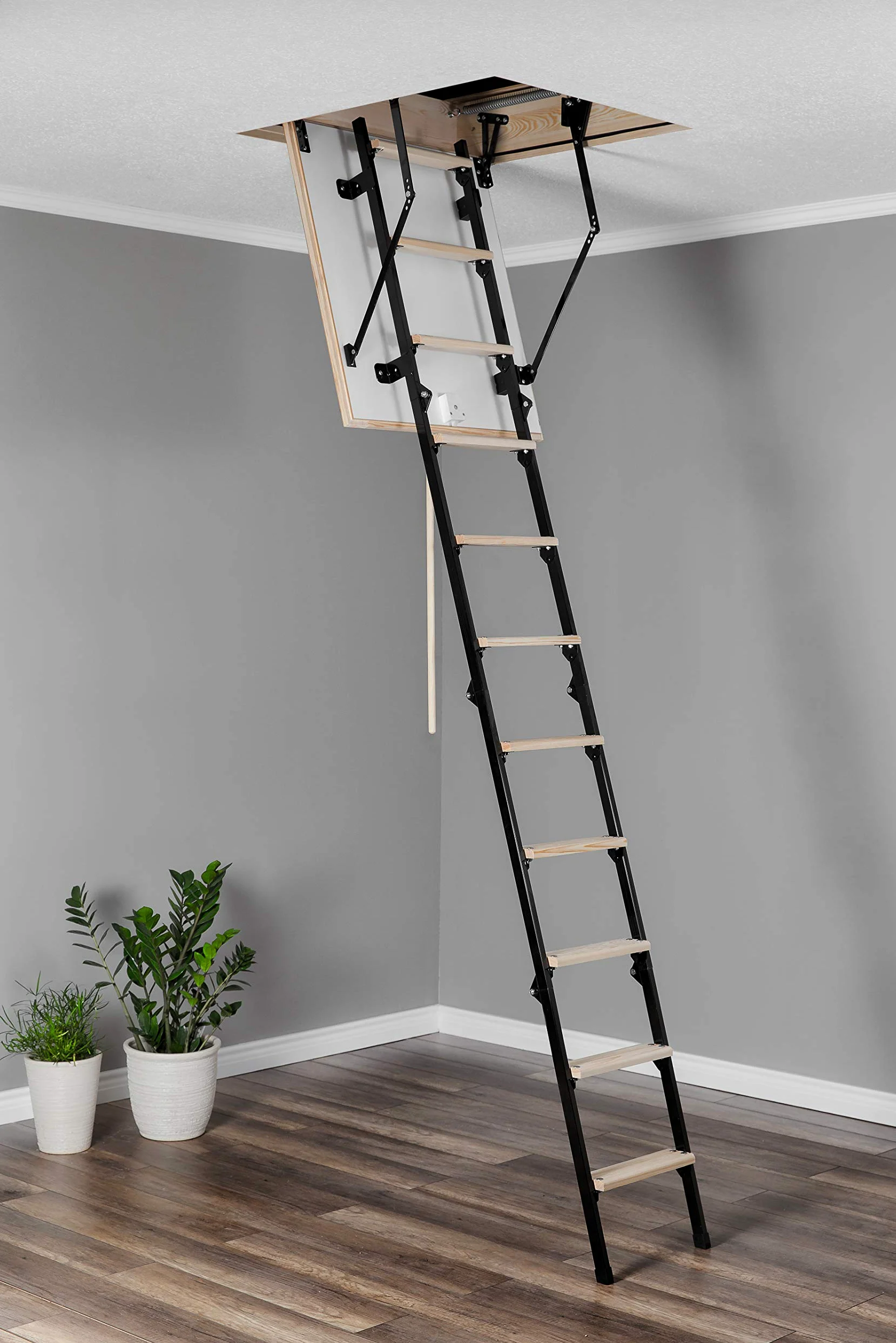 PAFEN Oman - Mini scala termica da pavimento, in metallo e legno, valore U: 1,22 W/m2.K, 80 x 60, capacità di carico 150 kg, chiusura a scatto, anelli di protezione per il controllo dell'altezza