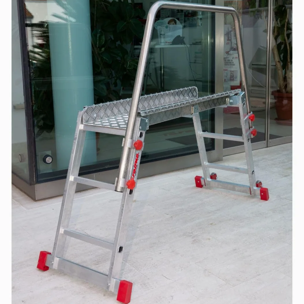 Faraone SGS3 Pedana di Lavoro Professionale in Alluminio a 3 Gradini – Pieghevole con Parapetto, Ruote e Stabilizzatori