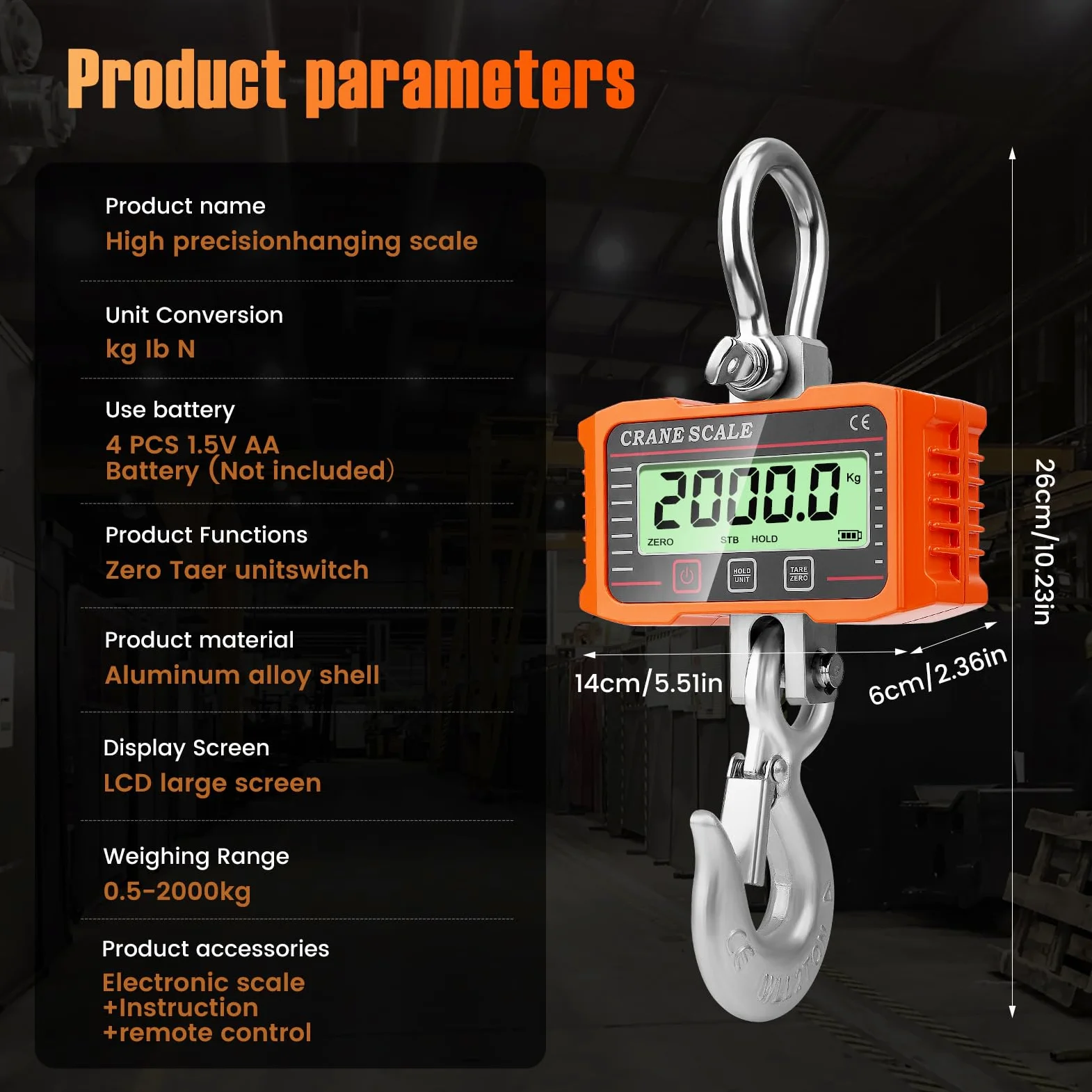 Bilancia Elettronica per Gru 2000 kg/4000 lb, Bilancia da gru digitale, Pesante Bilancia Industriale con sensore di precisione, ampio schermo LCD e telecomando per aziende agricole, edilizia (Orange)