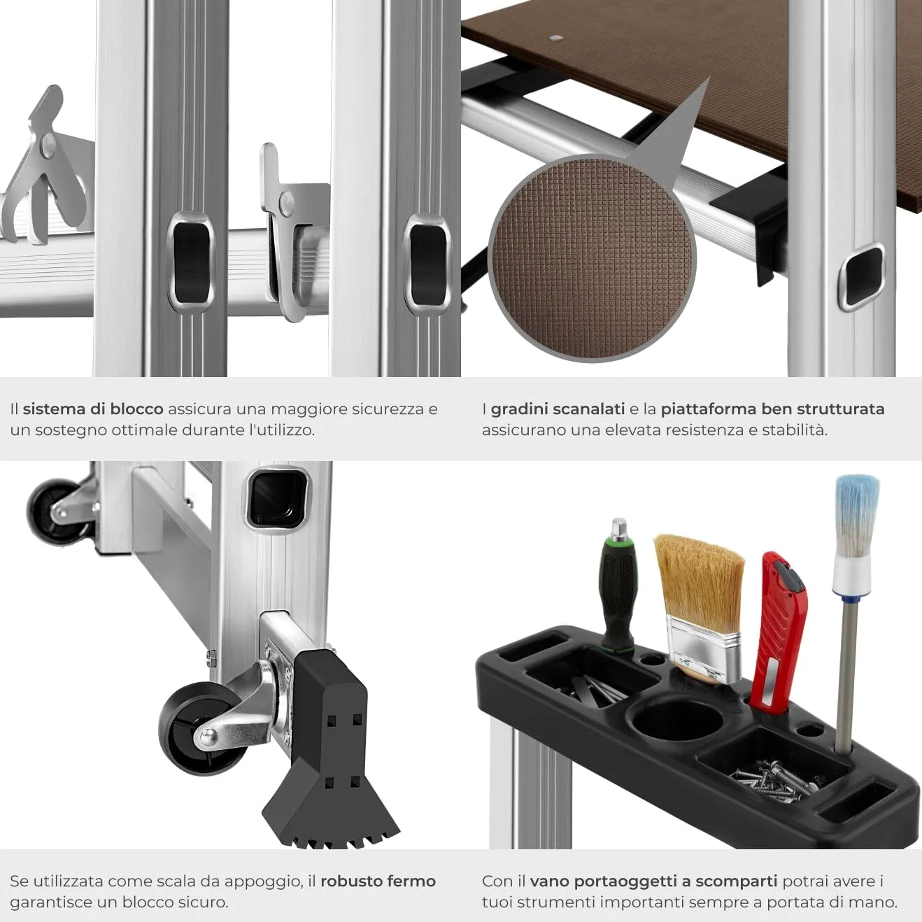 tectake® Scala Alluminio 4 in 1 Multifunzione con Piattaforma da Lavoro, Ponteggio da Lavoro con Ruote, Scala in Alluminio Pieghevole, Trabattello da Lavoro