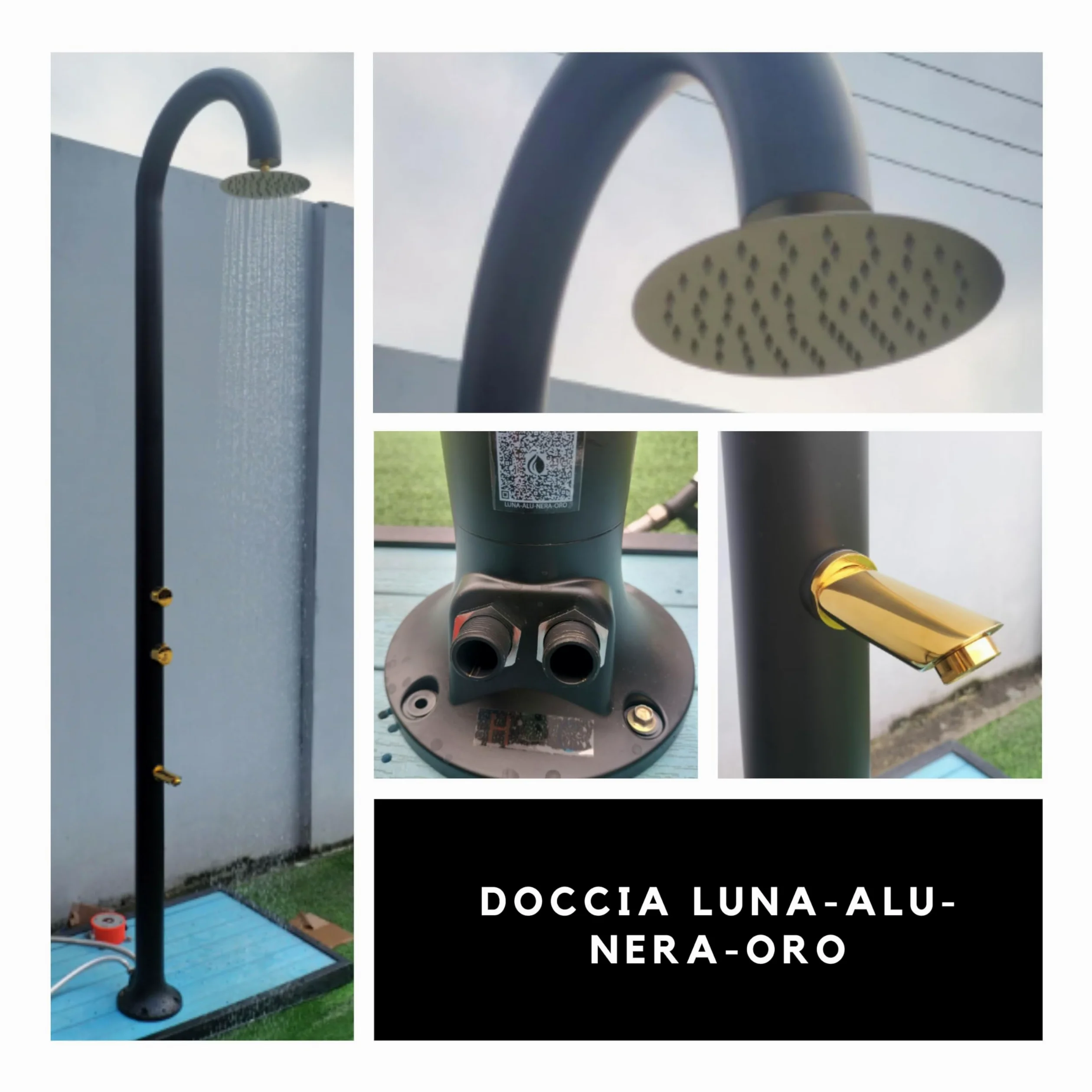 SINED Doccia In Alluminio Nera e Oro Con Soffione Circolare e Ugelli Anticalcare Doppio Attacco Acqua Calda o Fredda Sia Agli Spazi Interni Che Esterni Modello LUNA ALU NERA ORO