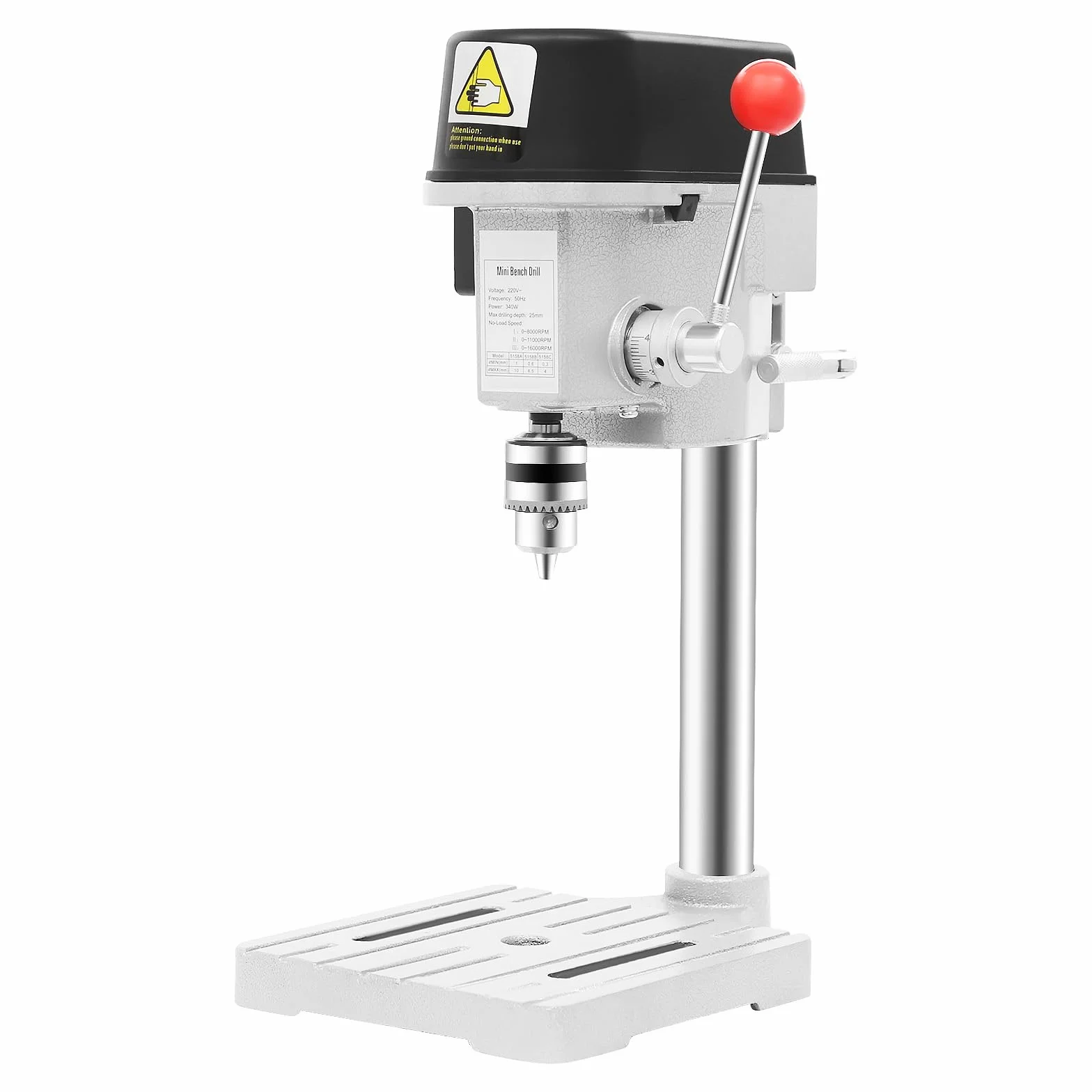 Mini trapano a colonna 340 W, trapano portatile da tavolo in ghisa e acciaio color argento/nero, per lavorazione del legno, modellismo fai da te e banco da lavoro