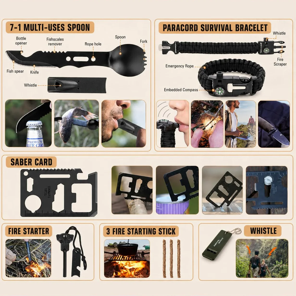 Kit di sopravvivenza, 250 pezzi Kit di primo soccorso per ingranaggi di sopravvivenza con sacchetto compatibile con sistema a molle e tenda di emergenza, kit di emergenza per la terra, avventura