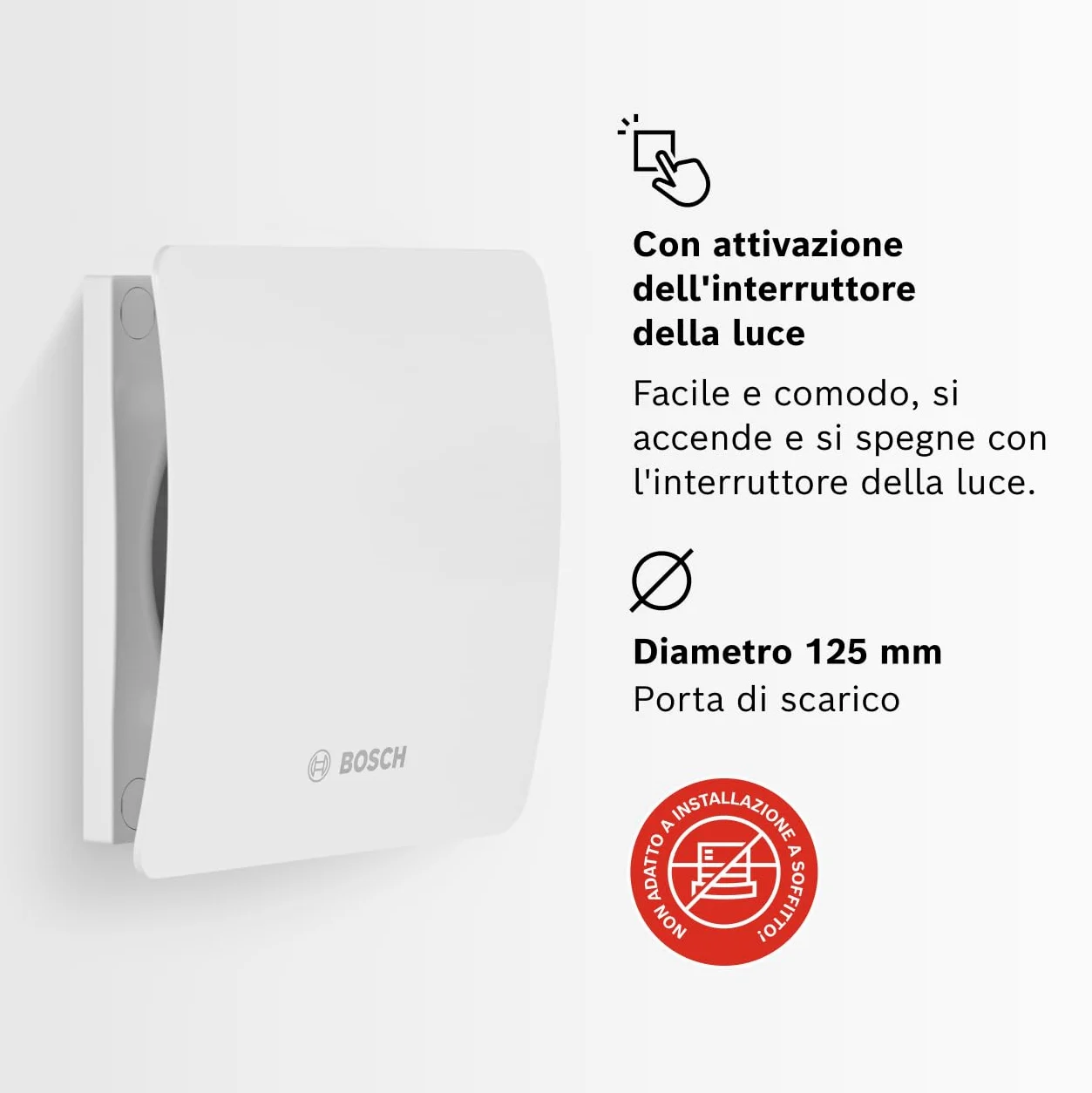 Bosch Aspiratore da bagno 1500 125mm - Per la ventilazione in bagno e WC, contro umidità e muffa - Con attivazione tramite interruttore della luce - 125 mm di diametro