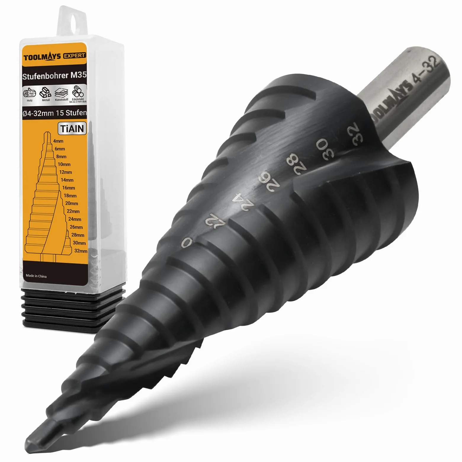 15 Livelli Fresa Conica M35 AlTiN, 4-32 mm, Punta Conica per Acciaio Inossidabile, Ferro, Alluminio, Plastica e Legno, Hss Punte Coniche Professionali