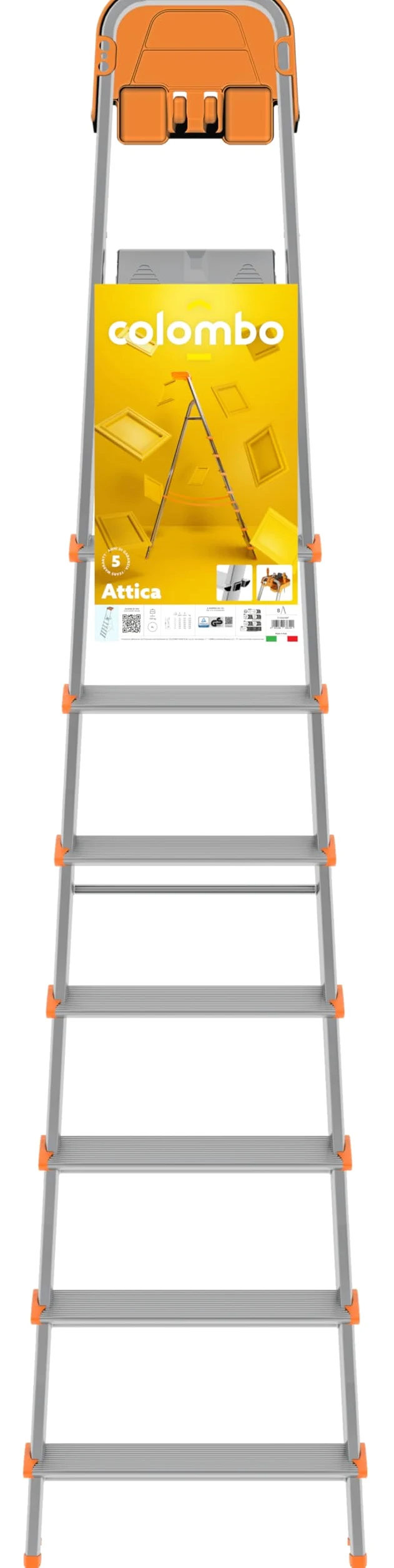 Colombo Scala Pieghevole Alluminio Attica 3/4/5/6/7/8 Gradini Senza Rivetti | Scala 8 Gradini Robusta con Piattaforma e Vaschetta Portautensili | Portata 150kg | Conforme EN131 TÜV-GS | Made in Italy