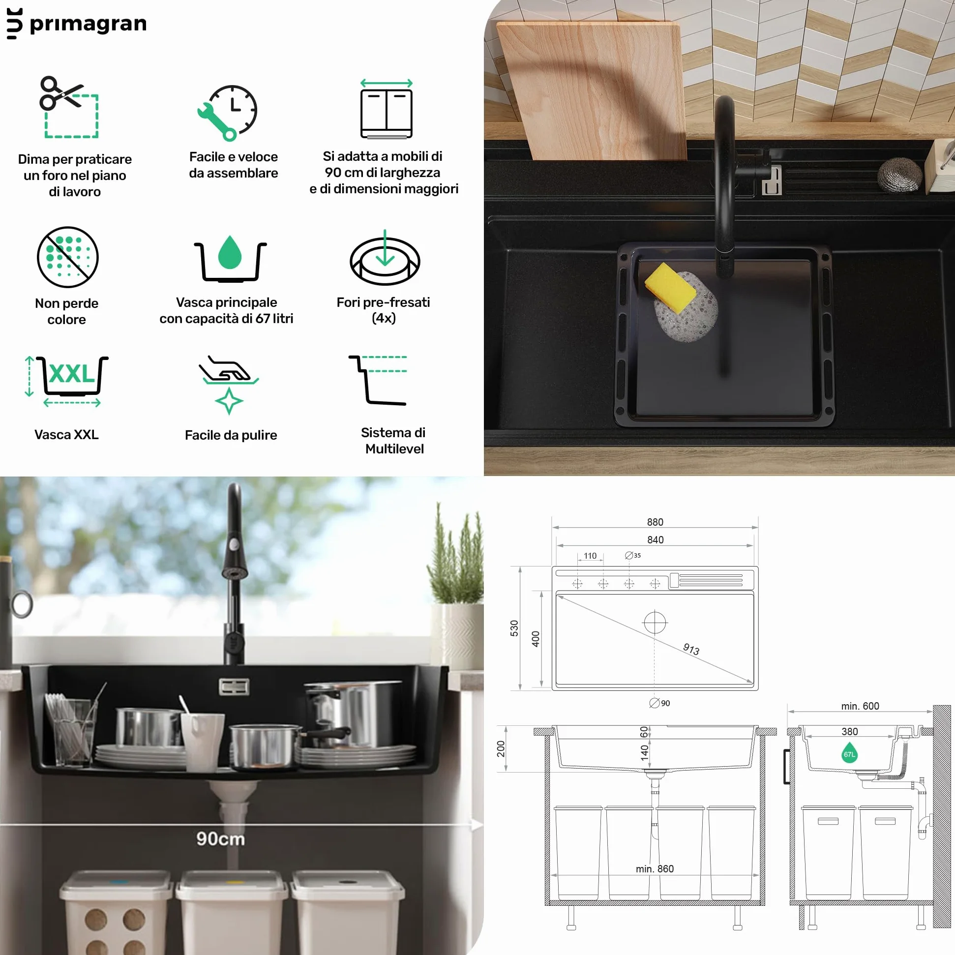 PRIMAGRAN Lavello da Cucina Nero 88x53cm, Lavandino in Granito a 1 vasca + Sifone Classico, Lavabo da Cucina Incasso al Mobile 90cm - Oslo 90 Pocket S455