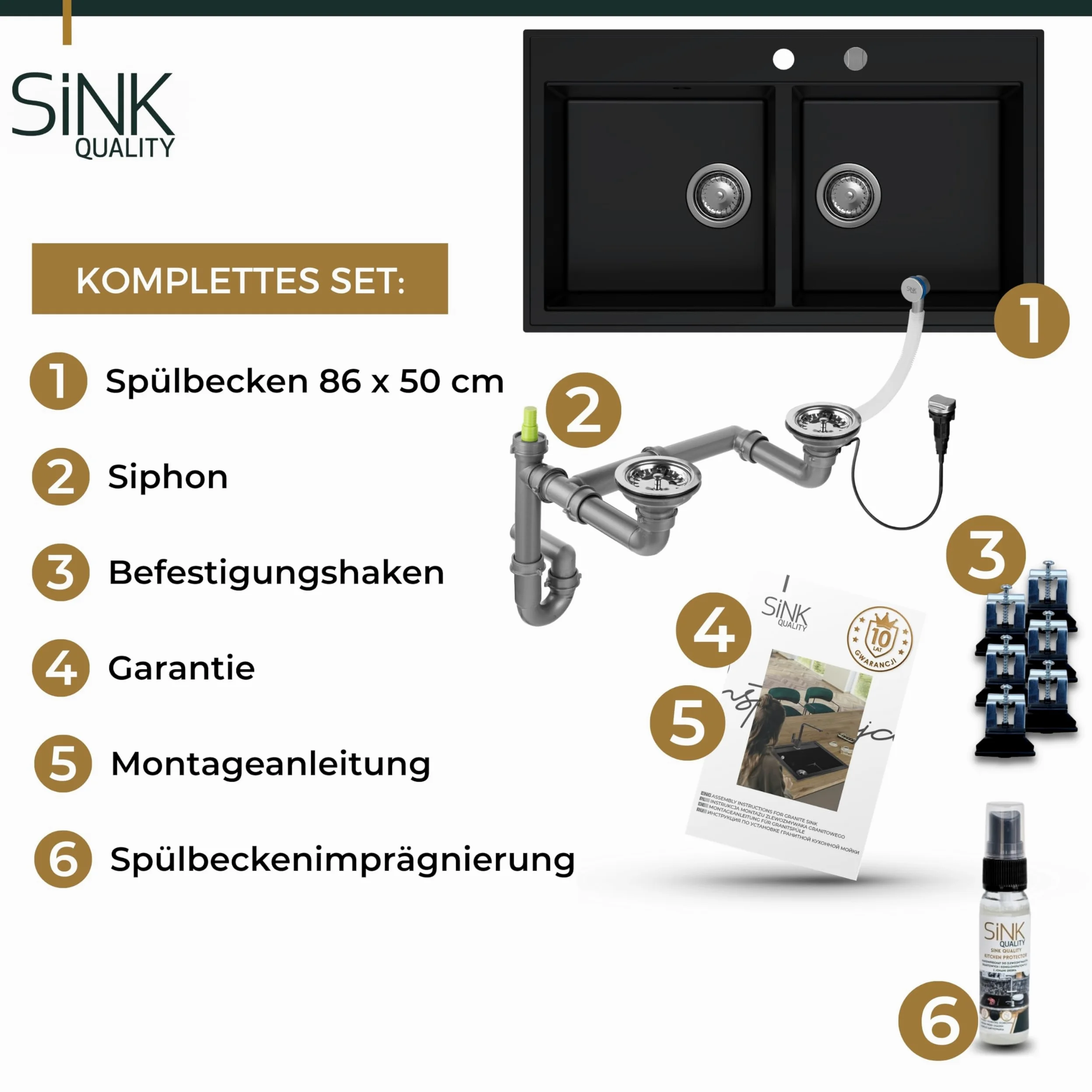 SINK QUALITY Lavello doppio nero 86 x 50 cm, doppio lavello con sifone e impregnante, lavello in granito 2 vasche – lavello da cucina a partire da mobile sottolavello da 85 cm