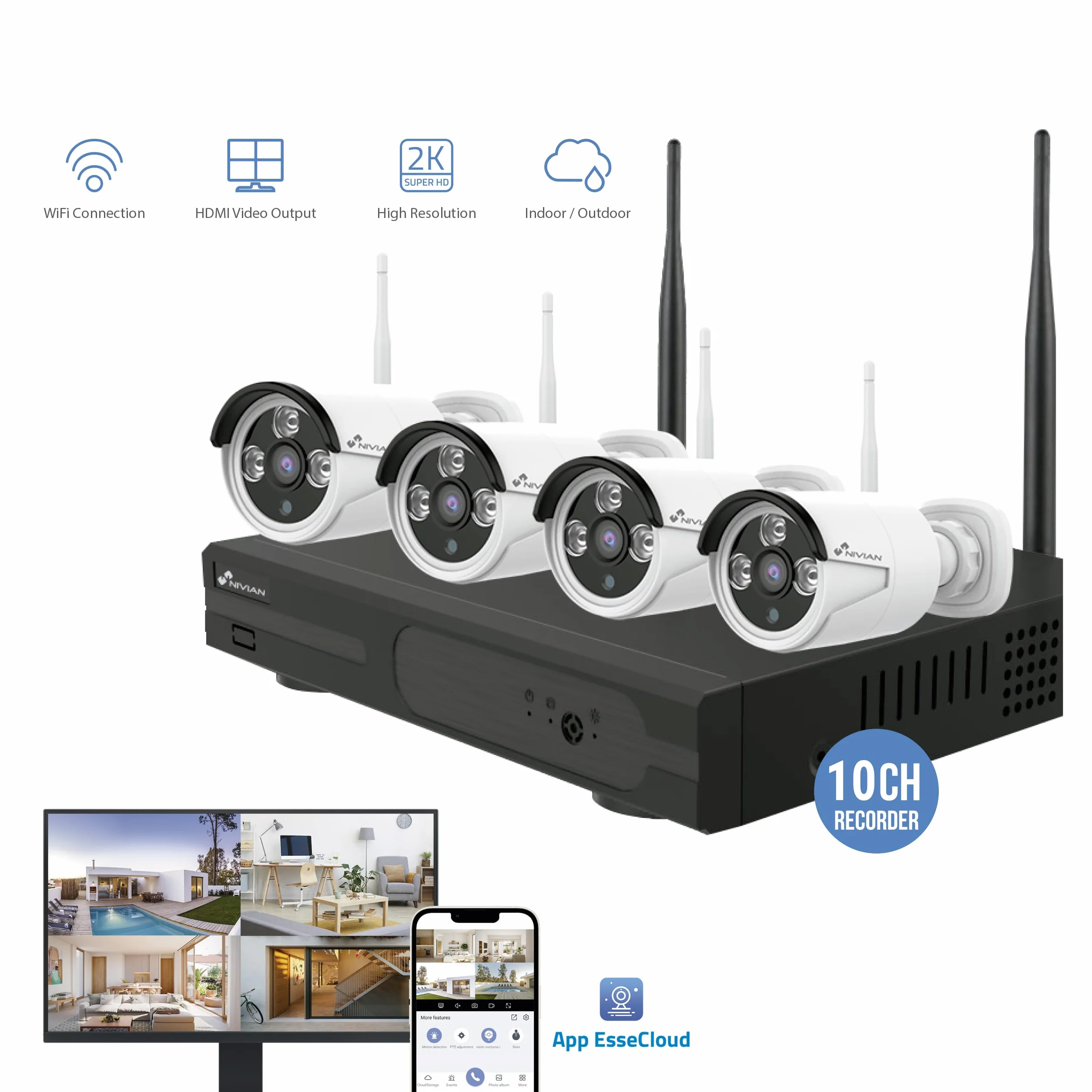 NIVIAN Kit Videosorveglianza WiFi SUPERHD 2K – Sicurezza Facile da Installare per Casa o Negozio, Visione Notturna, Rilevamento Umano Intelligente, Controllo da App – 4 Telecamere + NVR 8CH + HDD 1TB