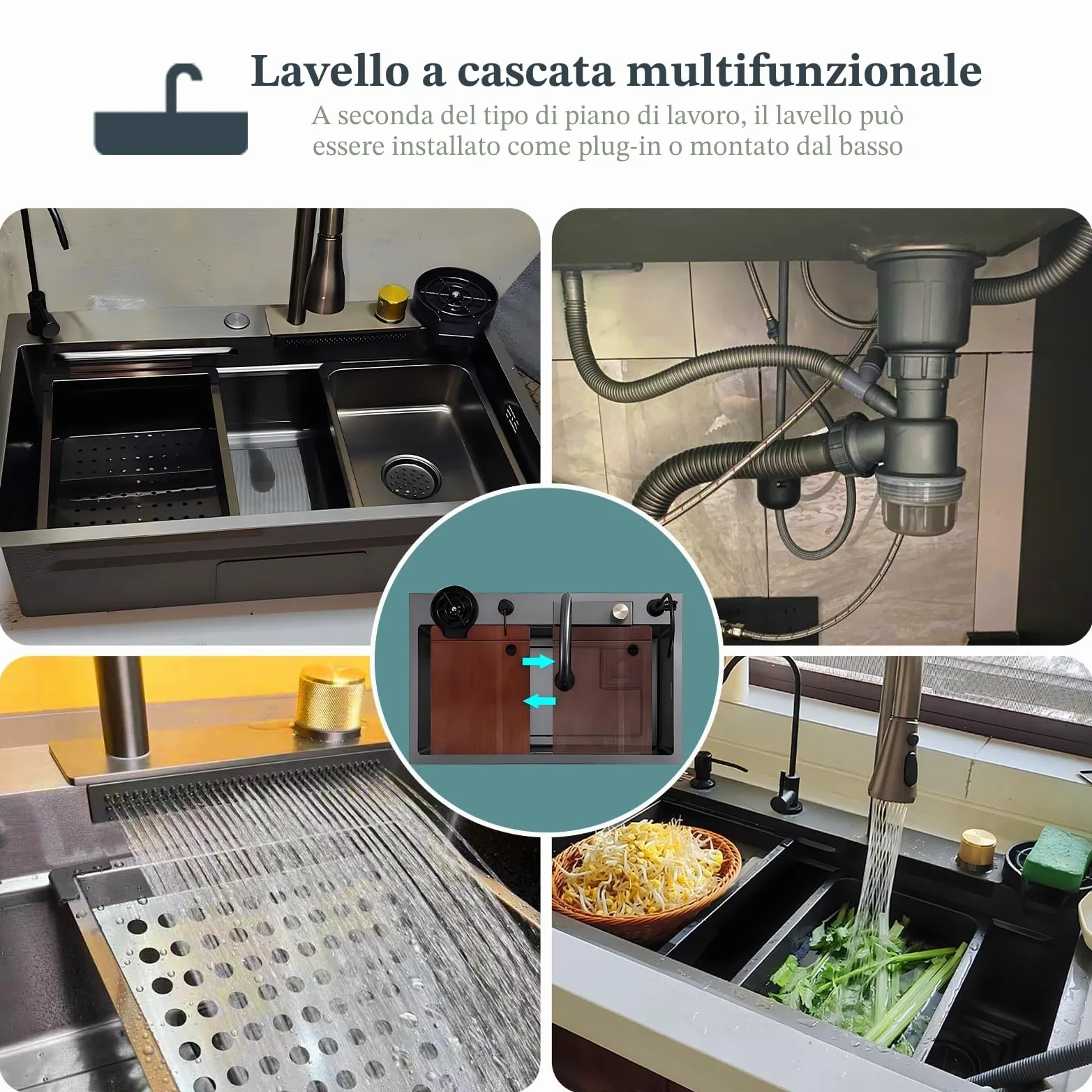 Lavandino da cucina con superficie di lavoro, 80 x 45 cm, dotato di rubinetto a cascata, in acciaio inox, per uso domestico, con idropulitrice, tagliere, scolapiatti e accessori