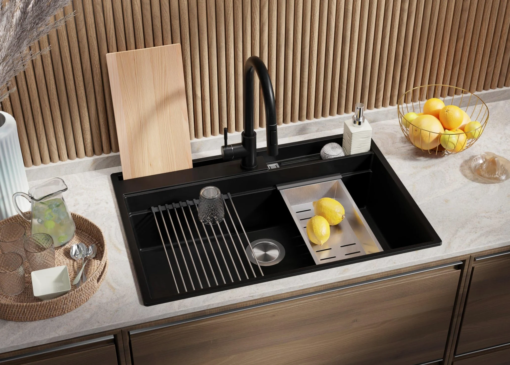PRIMAGRAN Lavello da Cucina Nero 78x53cm, Lavandino in Granito a 1 vasca + Sifone Classico, Lavabo da Cucina Incasso al Mobile 80cm - Oslo Pocket S335