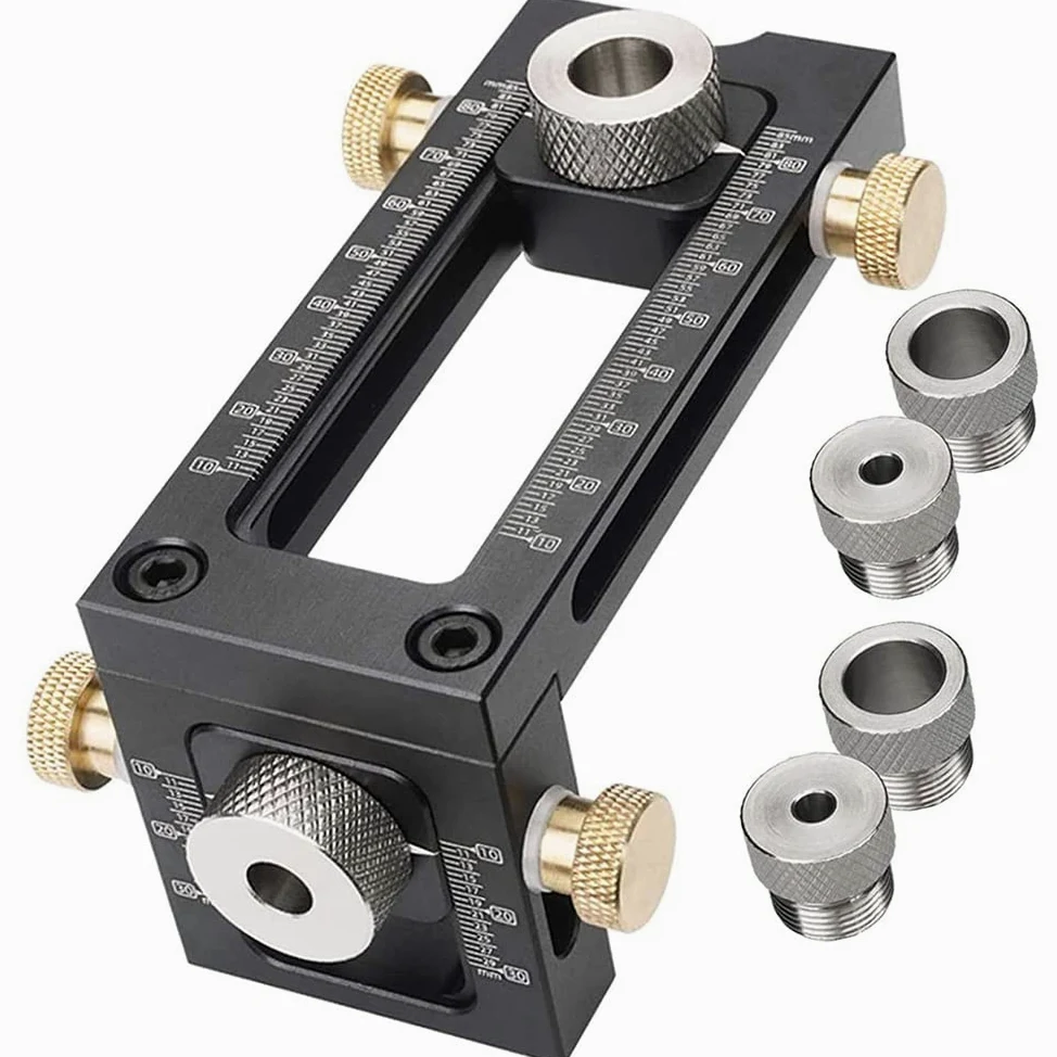 Puntatore per trapano regolabile 2-in-1 per falegnameria Kit di guida per trapano con tasselli per falegnameria con 4 fori Pin da 6/8/10/12mm per viti per letti e armadi Puntatore per trapano