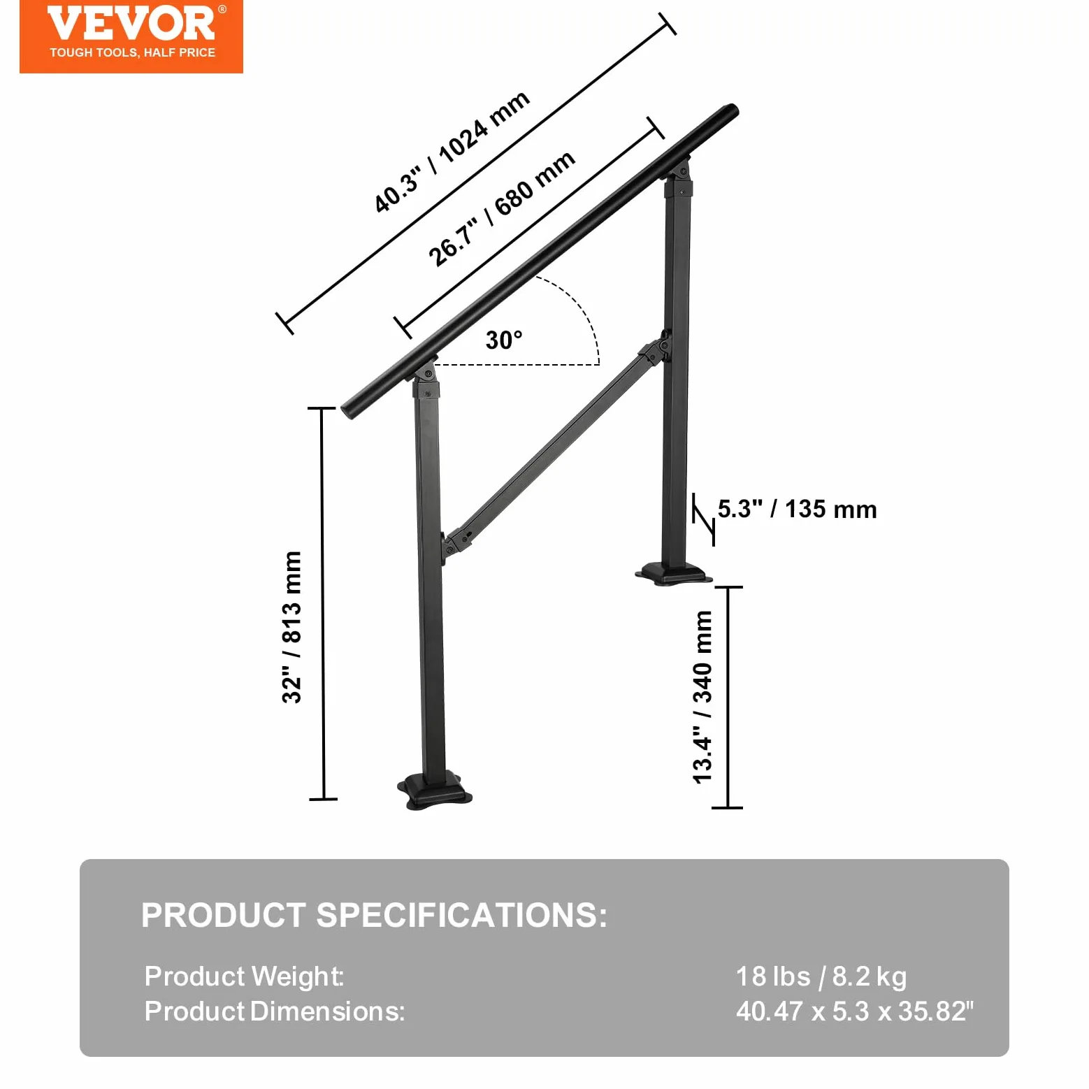 VEVOR Rampa Scala 914,4 mm Ringhiera Scala per 3 gradini a mano in acciaio al carbonio regolabile 50° carico 300 kg con kit di installazione per pavimenti in cemento legno piastrelle in ceramica