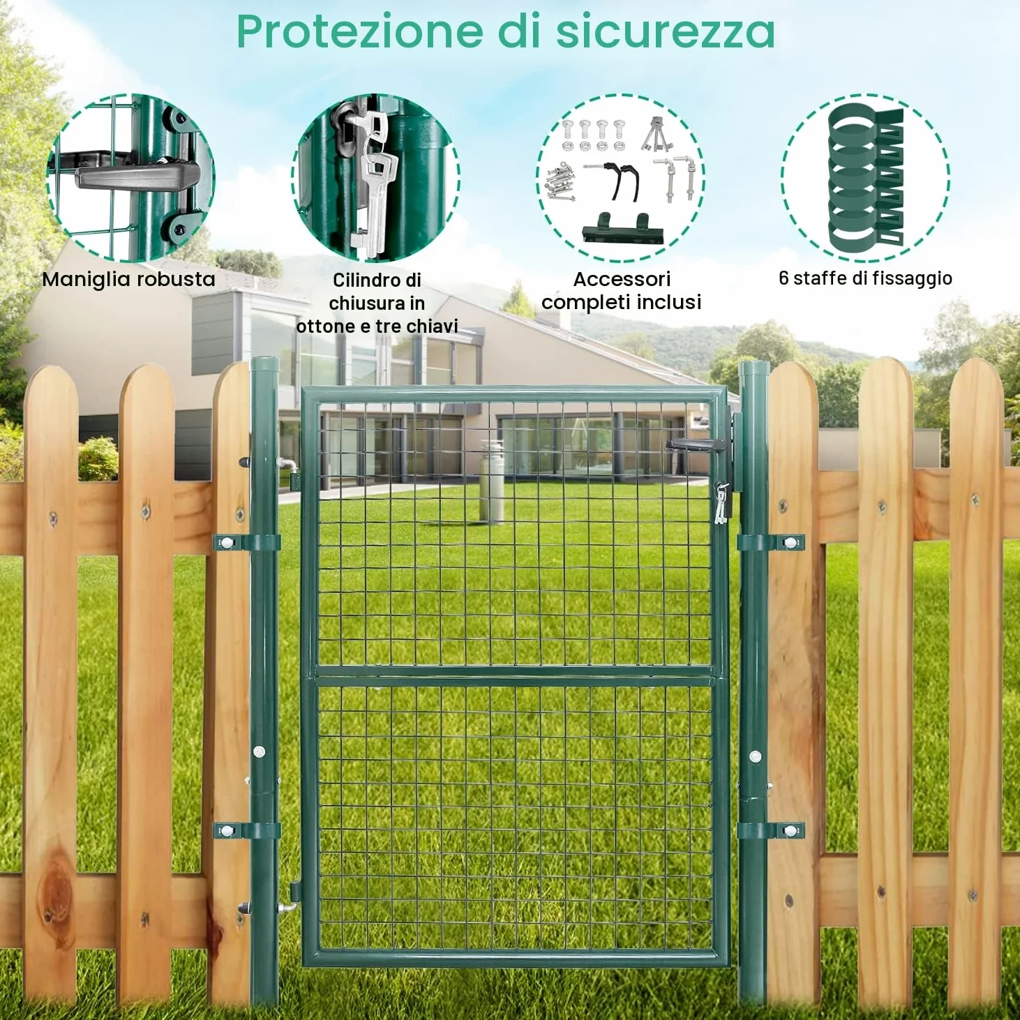 Daromigo Cancello da giardino, 150 x 100 cm, robusto, in acciaio zincato, per recinzione da giardino, con manico, serratura e 3 chiavi, colore: verde