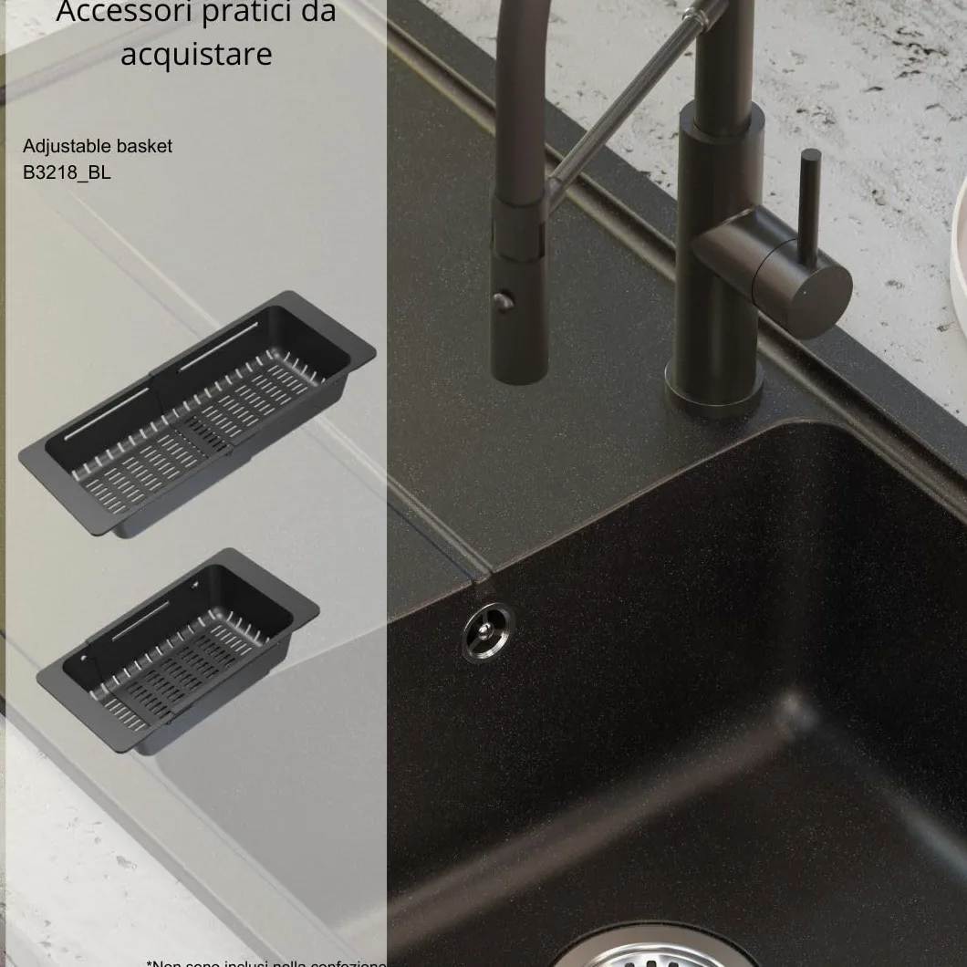 QUADRON NEAL 146 Lavello in granito per cucina, dimensioni: 100 x 50 x 21,5 cm, nero, lavello da cucina a vasca singola Set: lavello in granito + sifone manuale + tappo di copertura