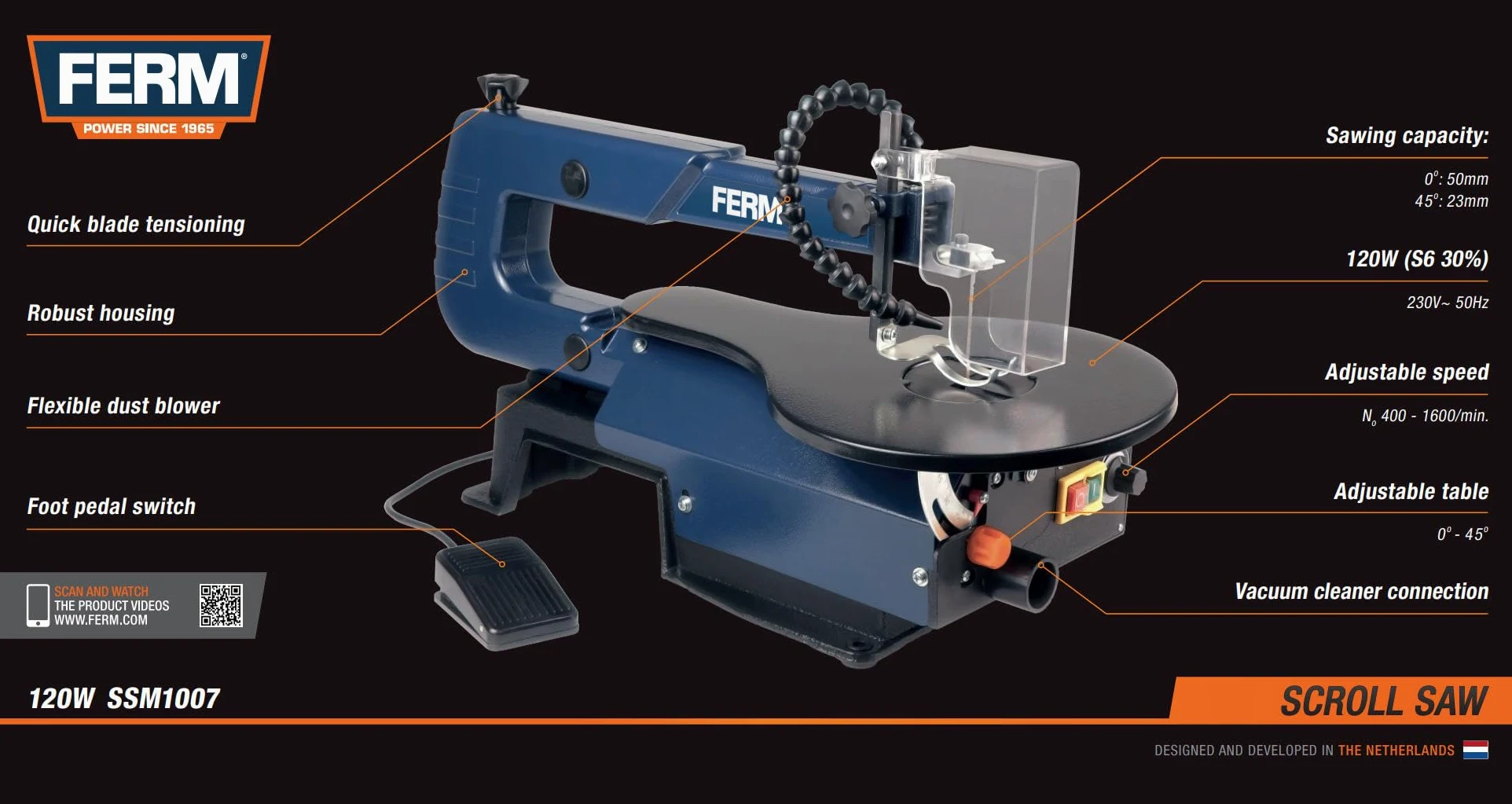 FERM Sega da traforo 120W - interruttore a pedale. Include lame TPI e chiave a brugola.