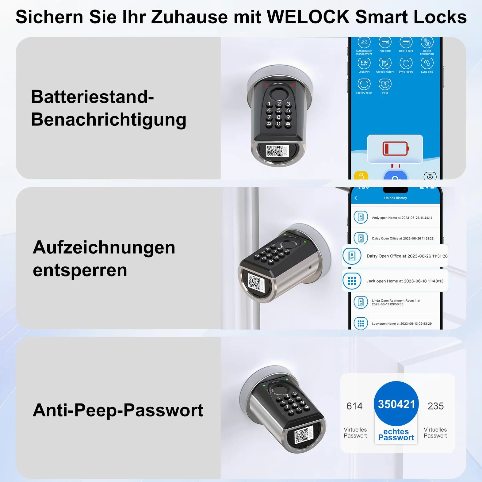 WELOCK ToucD41 - Serratura per porta digitale con codice elettronico, Smart Lock con scheda RFID, app, WiFi, impronte digitali, serratura per porta di casa, IP65, apertura intelligente per porte da 50
