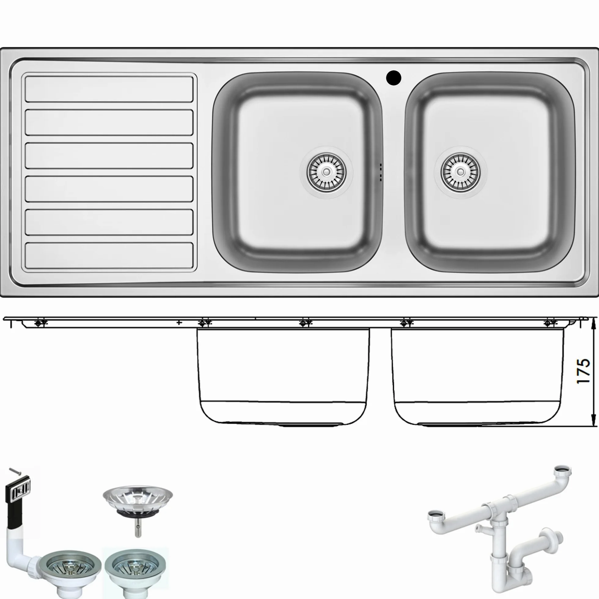 ID1162ILBC ● Lavello FHULLER Incasso Cucina IDEA 116Xx50 2 Vasche a Destra e Gocciolatoio Sinistra, Spessore Acciaio 7/10 Vasche Profonde H 18 Realizzato in Acciaio Inox Spazzolato Made in Italy