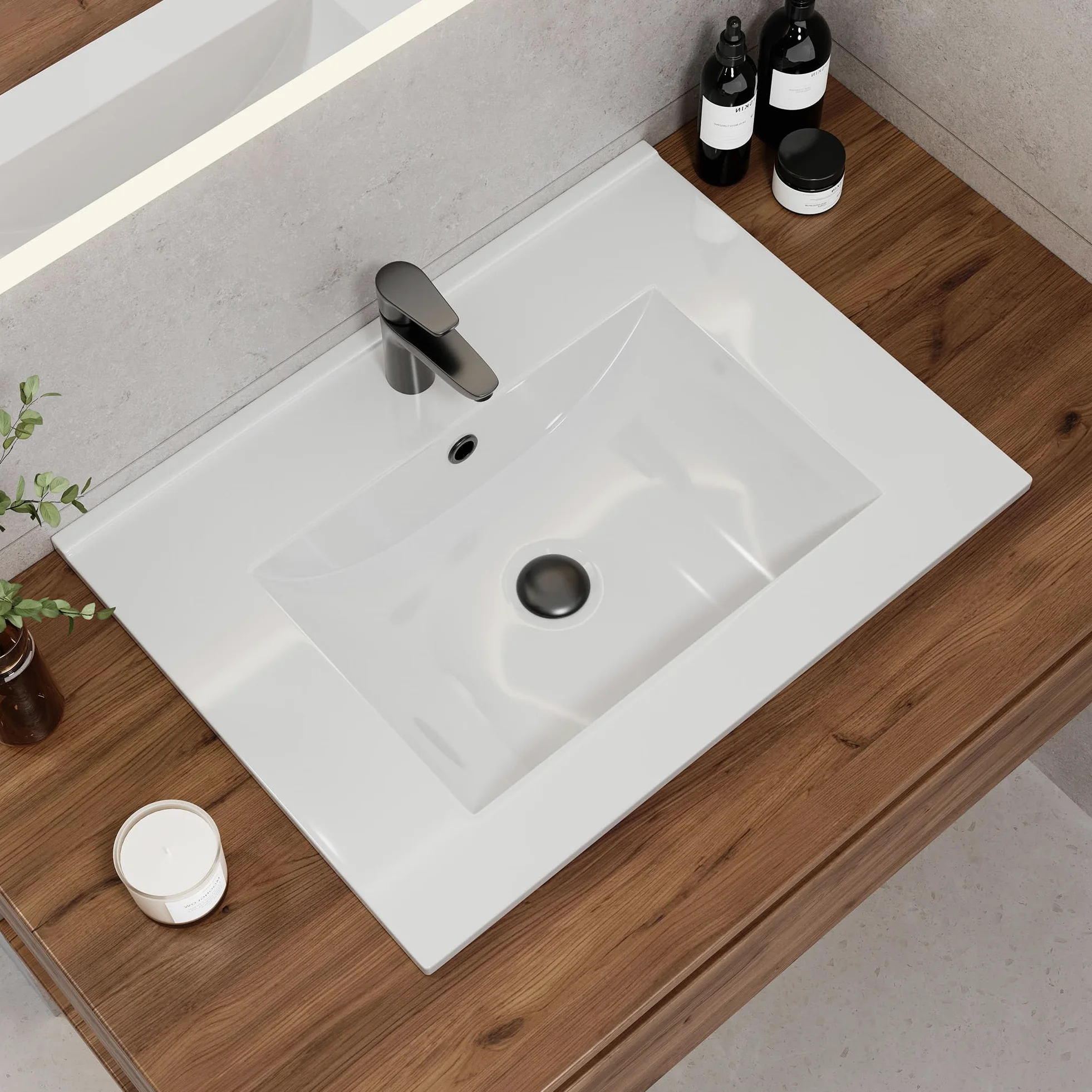 HOROW Lavabo da incasso angolare, lavabo in ceramica da 60 cm di larghezza - Bianco, lavabo soprapiano per mobile sotto, con troppopieno - Ideale per WC per gli ospiti e piccoli bagni