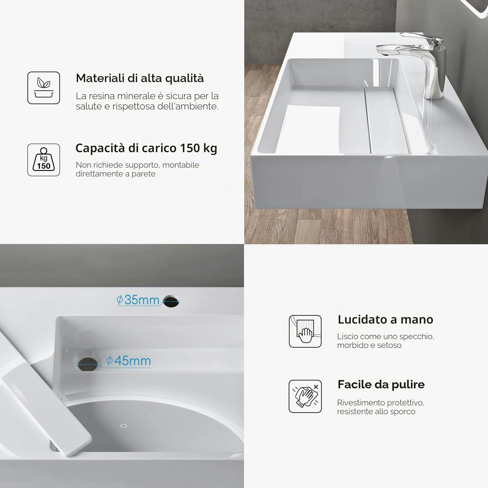 doporro Lavabo Bagno Sospeso Lavabo da Appoggio Rettangolare in Marmo Resina Bianco Lucido, Vasca a Destra 75x43x14 cm con 1 Foro Rubinetto e Piletta Scarico, Colossum12