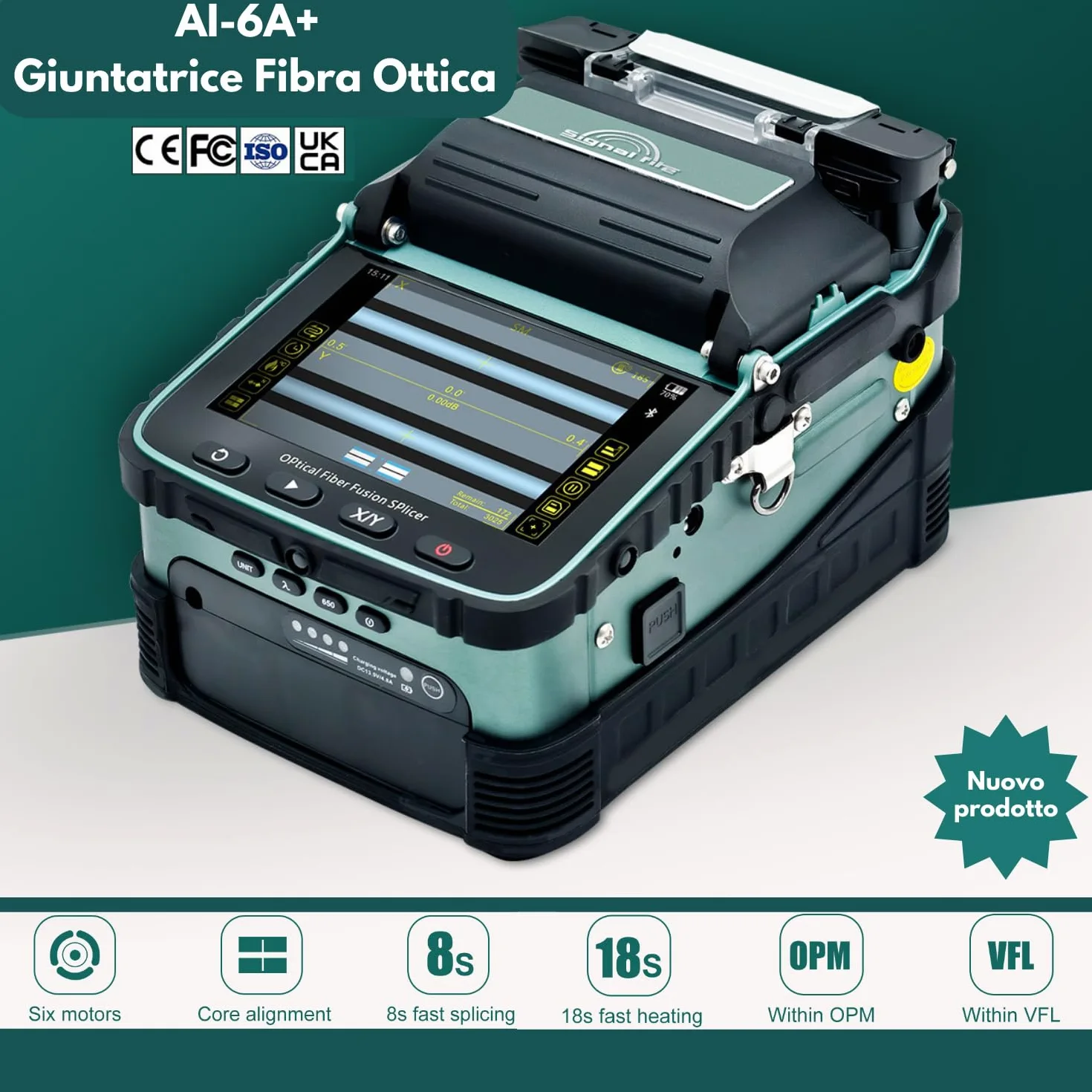 Nuovo Modello AI-6A+ Saldatrice per Fibra Ottica con OPM e VFL Integrati, Kit Giuntatrice Fibra Ottica Automatica a Allineamento del Nucleo con 6 Motori, 8s Fusione 18s Riscaldamento