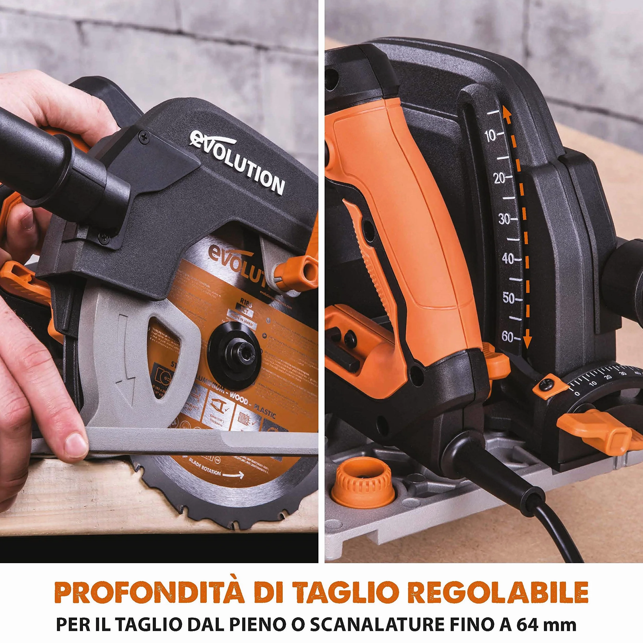 Evolution Power Tools - R185CCSX Sega Circolare Multi-Materiale 185 mm Compatibile con Binario Guida (Pacchetto Abbinato con Binario da 1020 mm Incluso), 230 V