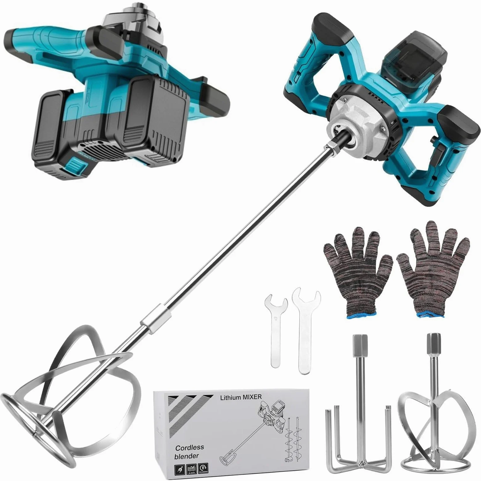 Agitatore per malta a batteria, compatibile con batteria Makita, 3200 W, multiuso, mixer per calcestruzzo senza brushless con aste di miscelazione, testa di miscelazione, chiavi e guanti (max 680 giri