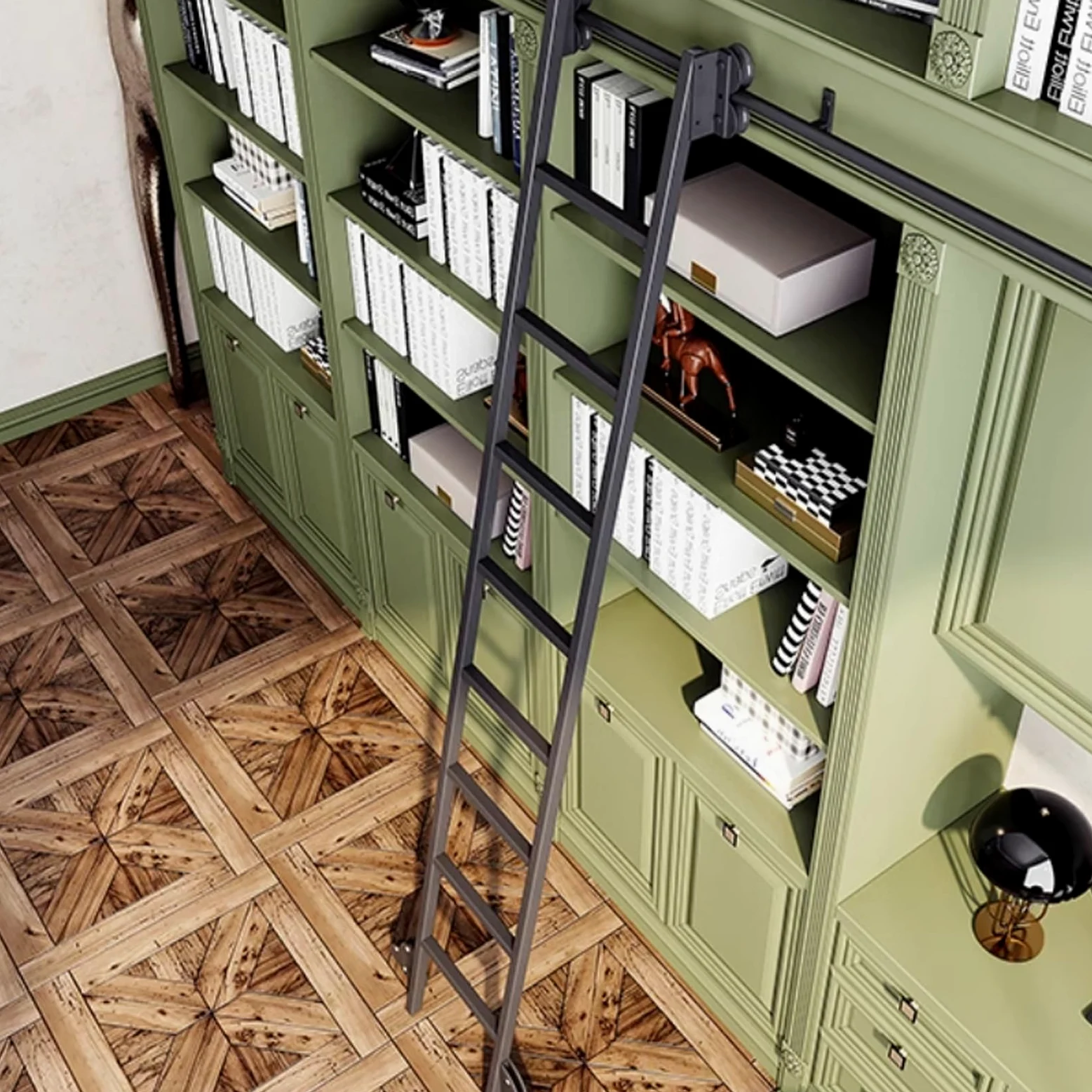 Scala in legno con rotelle, ferramenta scorrevole per biblioteca, binario per scale, rulli per pavimenti con freno, nero (senza scala), sistema di binari per scale mobili ufficio biblioteca soppalco(2