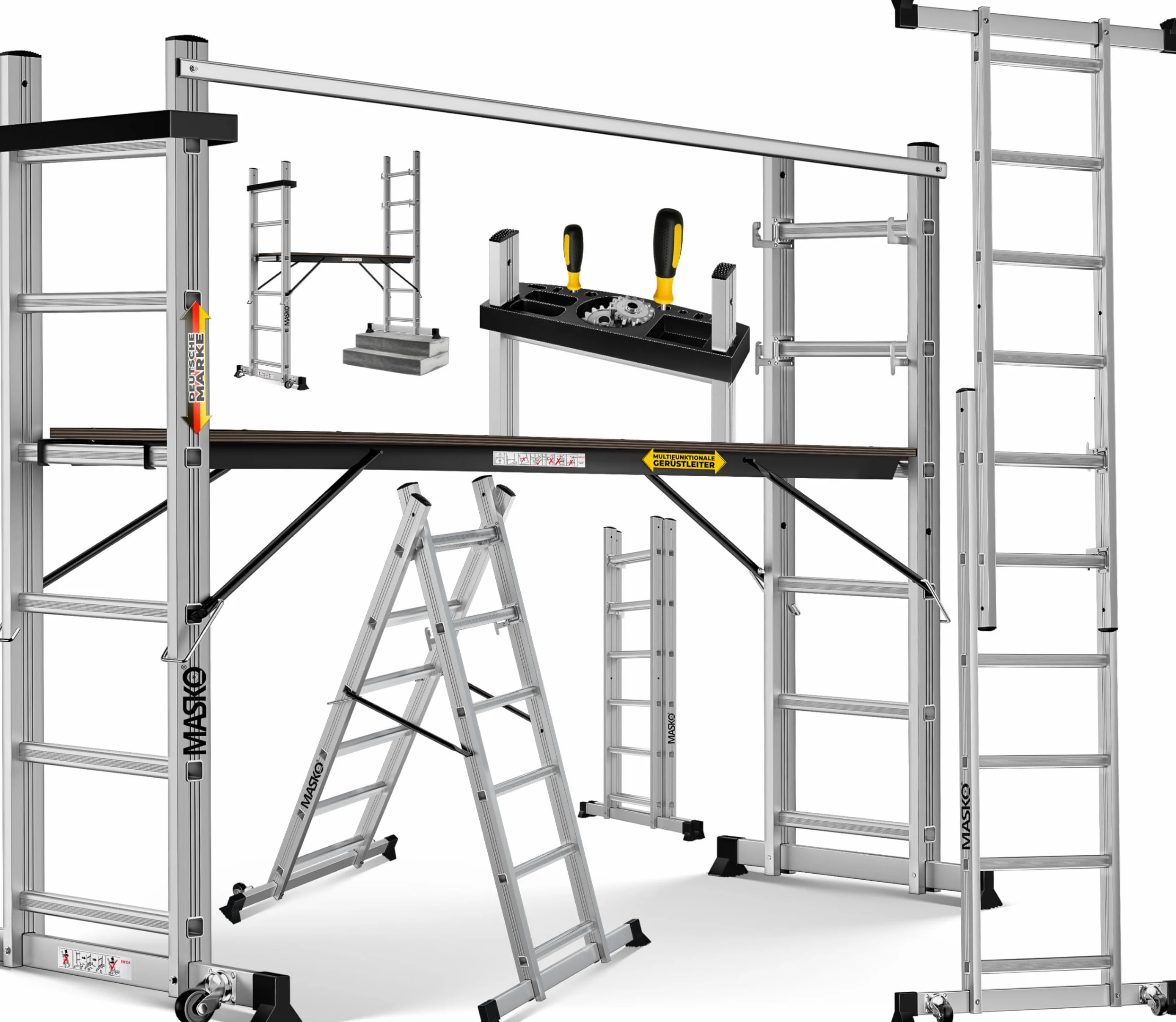 Masko® Ponteggi Telaio in alluminio Struttura Scala da ponteggio, Piattaforma lavoro | Caricabile fino a 150 KG | Rivestimento antiscivolo | | Testato GS (EN 131)