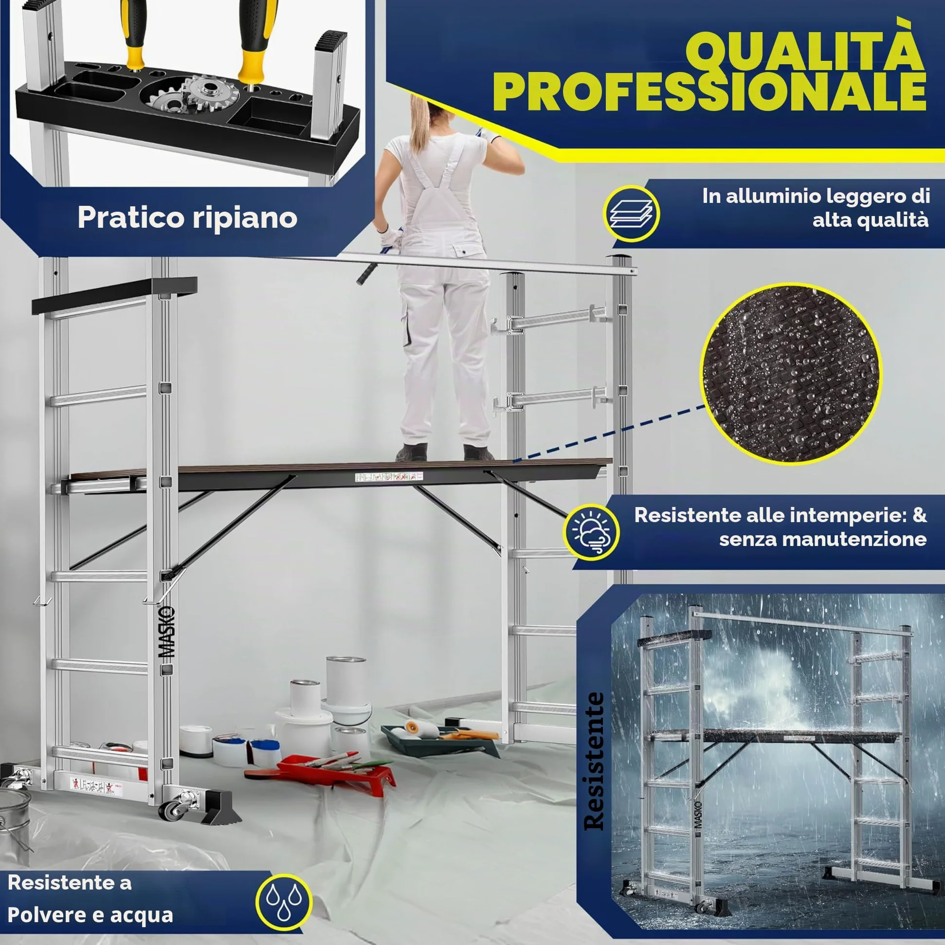 Masko® Ponteggi Telaio in alluminio Struttura Scala da ponteggio, Piattaforma lavoro | Caricabile fino a 150 KG | Rivestimento antiscivolo | | Testato GS (EN 131)