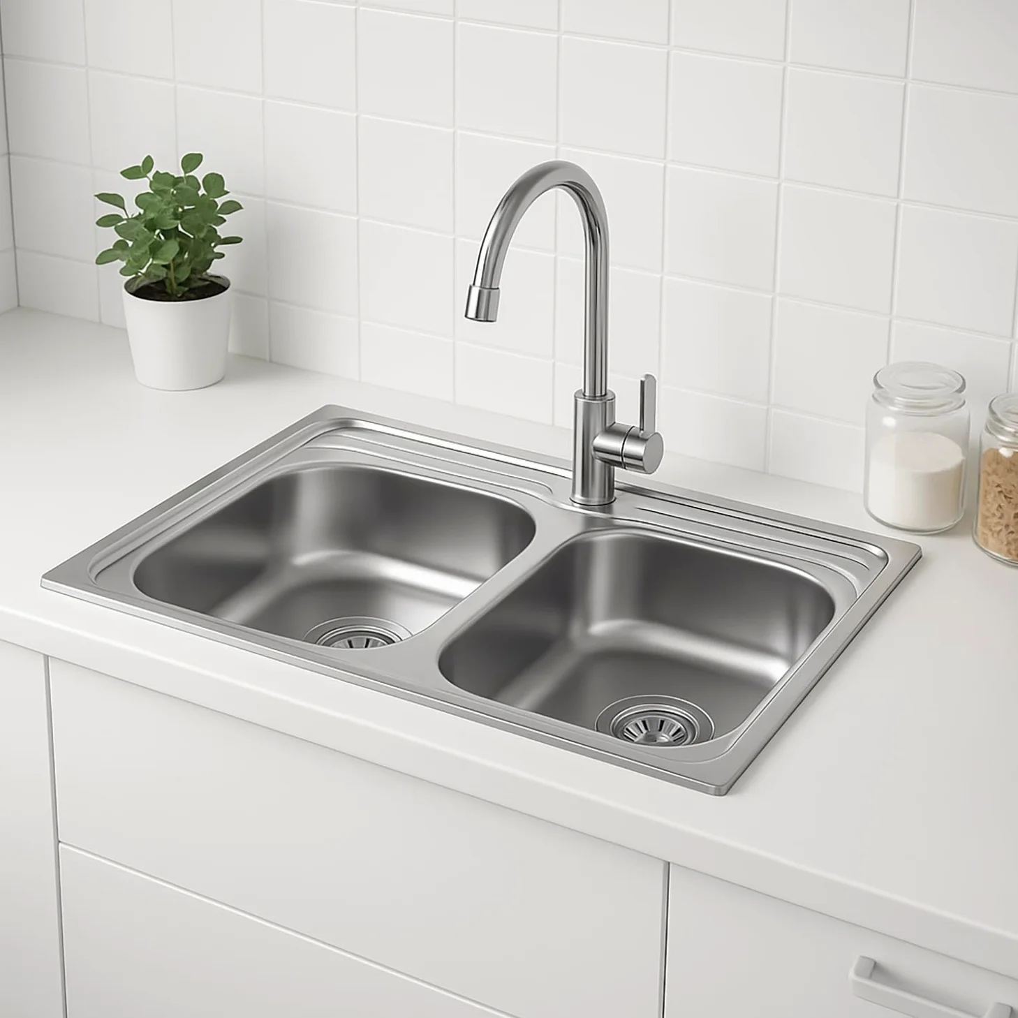 Lavello doppio in acciaio inox, 80 x 60 cm, con 2 vasche con sifone (80 * 60cm)