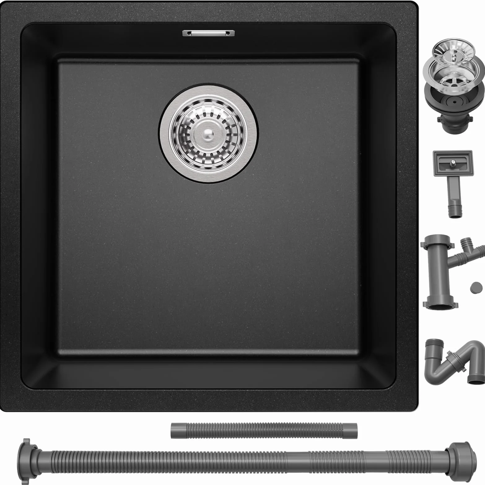 Auralum Lavandino Cucina 45 x 44 cm, Lavello Cucina 1 Vasca, Lavabo Nero in Granito con Sifone Classico e troppopieno, Adatto a Mobili Oltre 45cm
