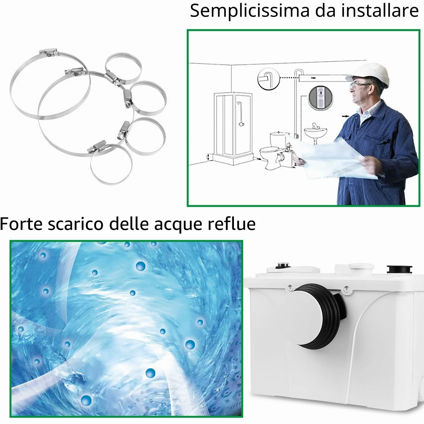 Sonnewelt Sistemi di sollevamento da 700 W, 190 l/min, pompa per acqua sporca, pompa per feci con 4 ingressi, pompa domestica per doccia, vasche da bagno, lavabo, lavatrice lavastoviglie