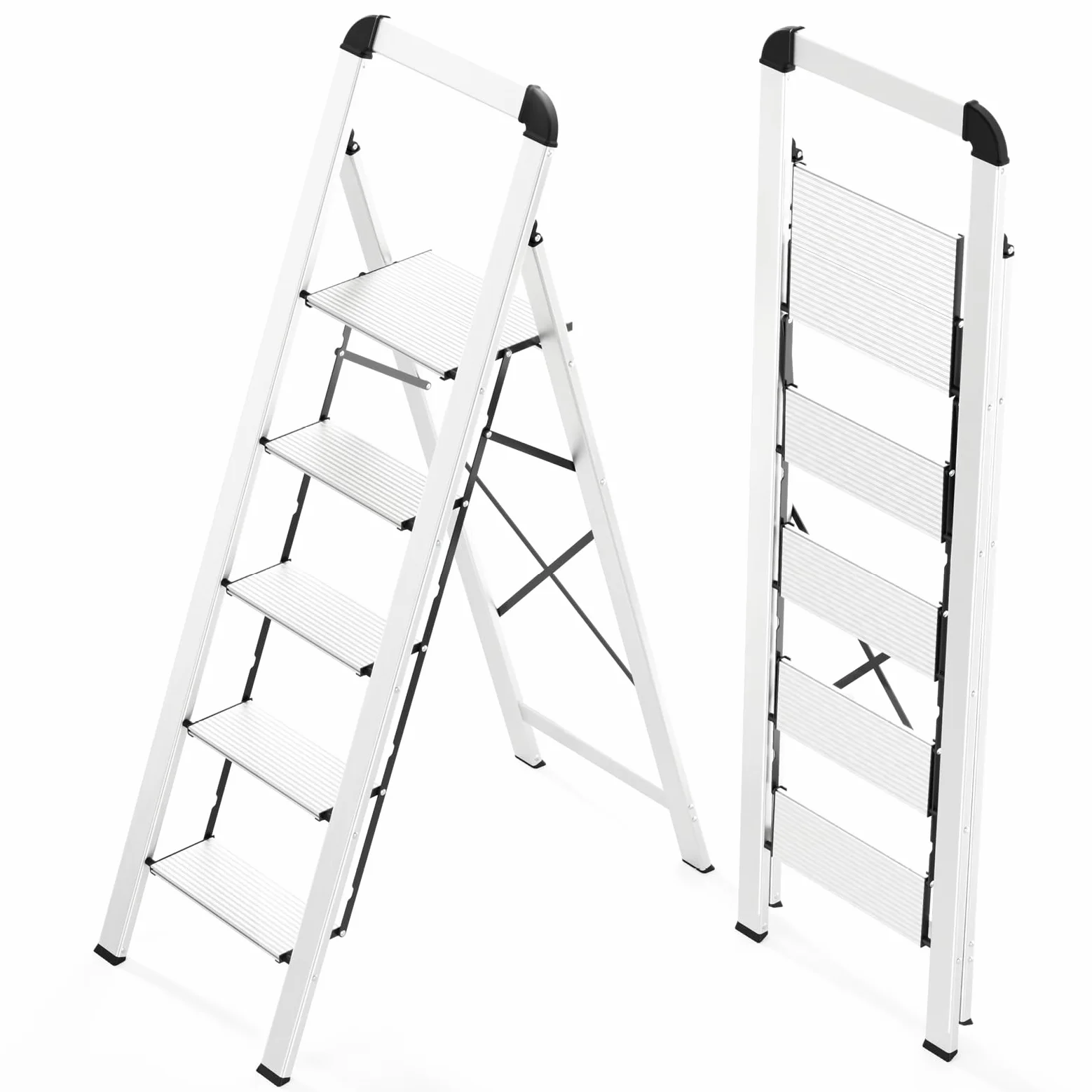 KINGRACK Scaletta 5 Gradini Pieghevole in Alluminio Leggera con Corrimano, Blocco di Sicurezza, Pedali Antiscivolo, Scala per Cucina Garage Casa, Salvaspazio Robusta e Portatile Massima 150kg, Argento