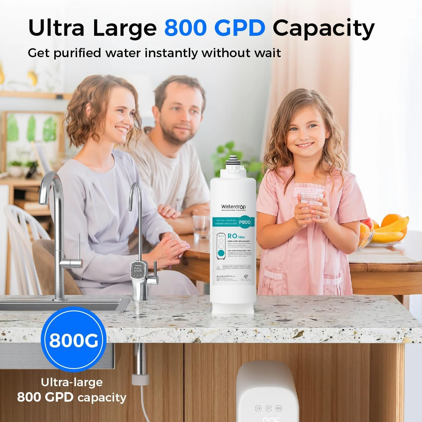 Waterdrop WD-G3P800-N2RO Filtro, Ricambio per il Sistema Aosmosi Inversa Senza Serbatoio WD-G3P800-W, Ridurre PFAS, Durata di 2 Anni