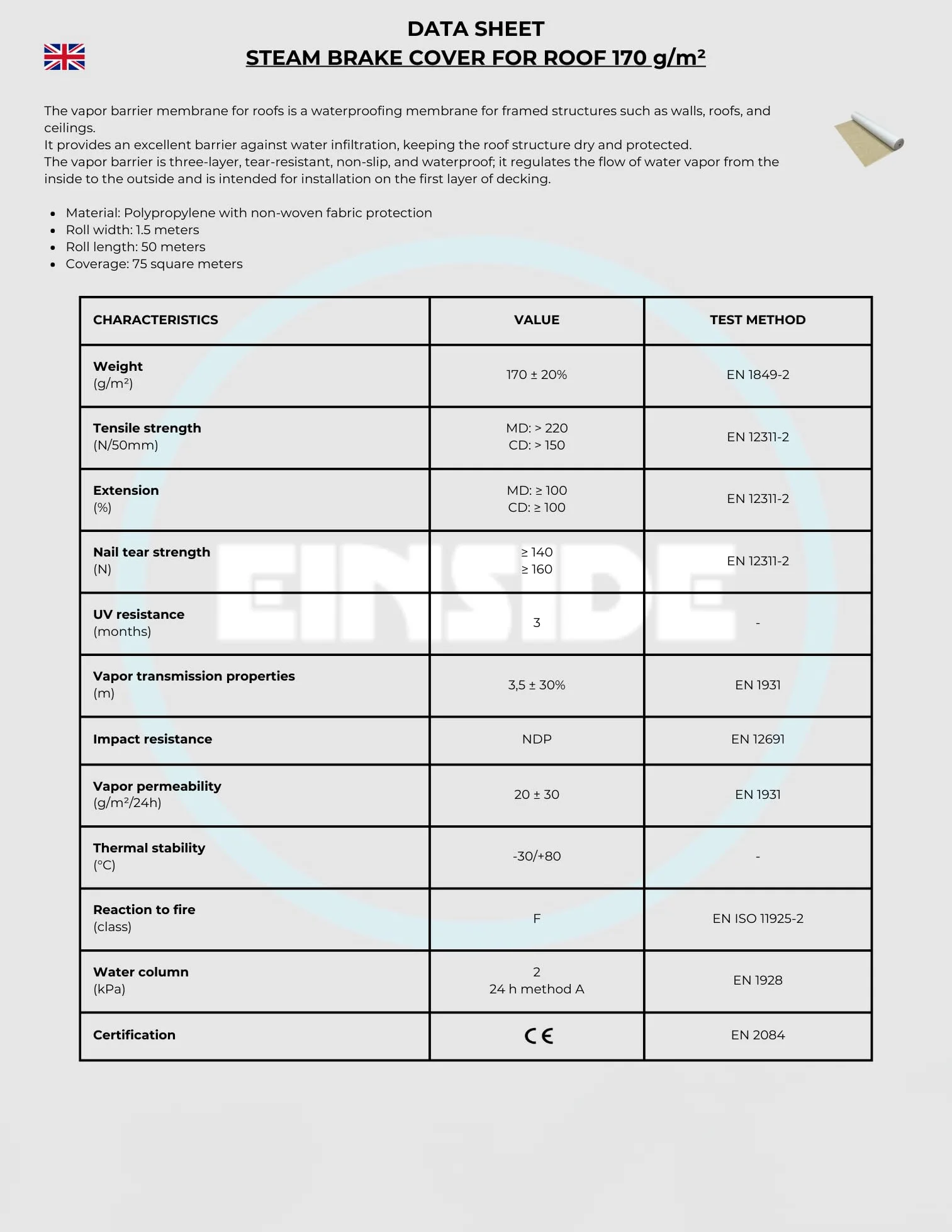 EINSIDE Telo membrana freno a vapore impermeabile tetto 170 g/m², 1,5x50 m | Copertura: 75 m², SD = 3/12 m, CLASS W1