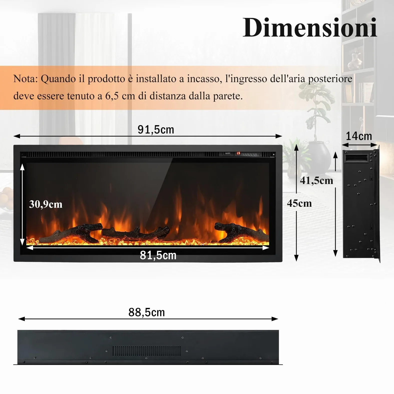 GYMAX Camino Elettrico, Caminetto a Parete Incassato, 750W/1500W, con Telecomando, Timer, Decorazione di 3 Tronchi e Cristalli, 91,5 x 14 x 45 cm (91,5 x 14 x 45 cm)