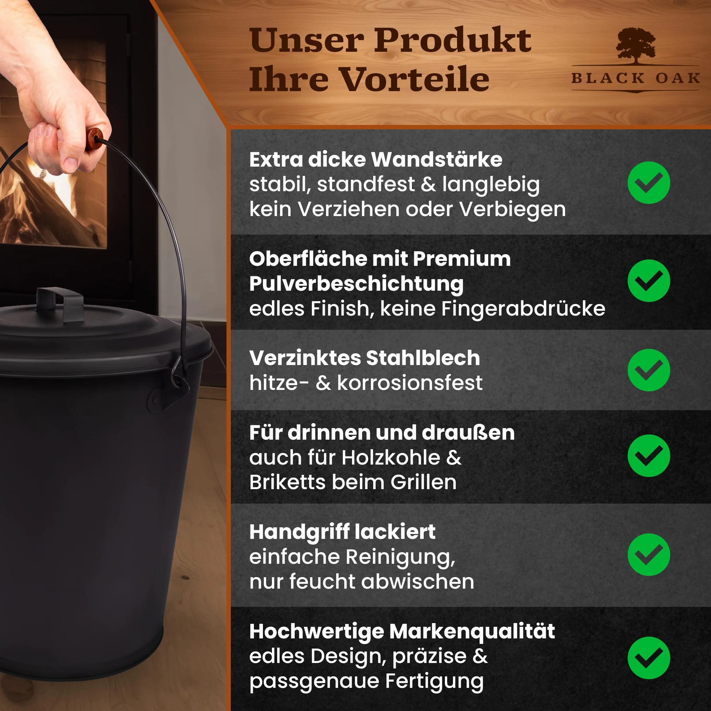 BLACK OAK Secchio per cenere Santorini, 25 l, nero con coperchio, XXL, extra grande, 25 litri, in acciaio zincato a prova di fuoco, verniciato a polvere, cenere e carbone, accessorio ideale per camino