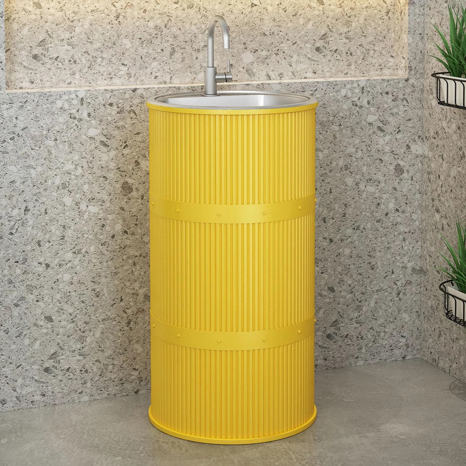 Lavandino a Colonna Moderno in Ferro Battuto, Mobile da Bagno con Lavabo in Acciaio Inox, Lavandino su Piedistallo Freestanding Set con Rubinetto e Scarico (senza contenitore,Giallo)