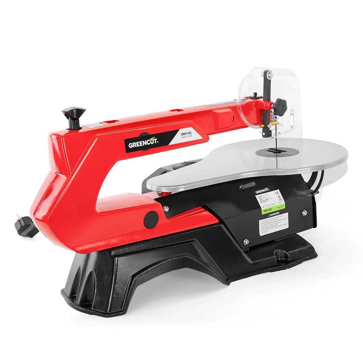 GREENCUT SRM120C - Sega elettrica da traforo da 120W a velocità variabile da 400 a 1650 giri/minuto, lunghezza lama 133 mm, strumento per l'officina e la casa, protezione lama retrattile