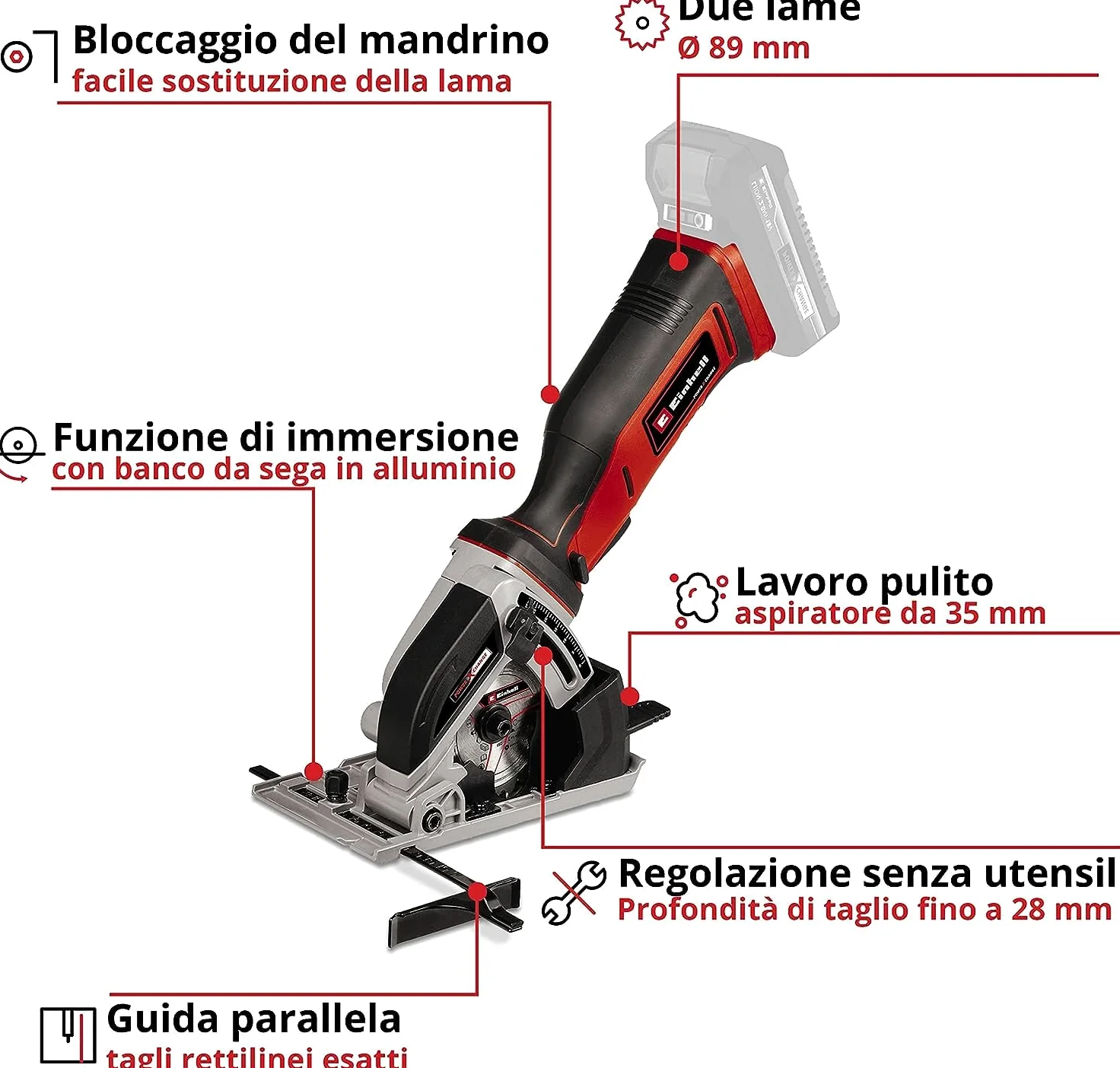 Einhell Mini sega circolare manuale a batteria TE-CS 18/89 Li-Solo Power X-Change (18 V, ioni di litio, 2500 min-1, profondità di taglio 28 mm, diametro della lama 89 mm, senza batteria e caricatore)