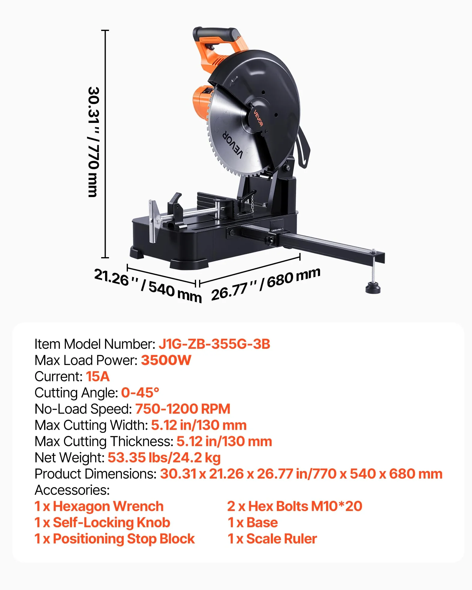 VEVOR Troncatrice per Taglio dei Metalli con Lama a Freddo in Acciaio Inox da 355 mm, Motore Brushless da 3500 W, Velocità Regolabile 750-1200 giri/min, Angolo 0-45°, Troncatrice Taglio Metallo