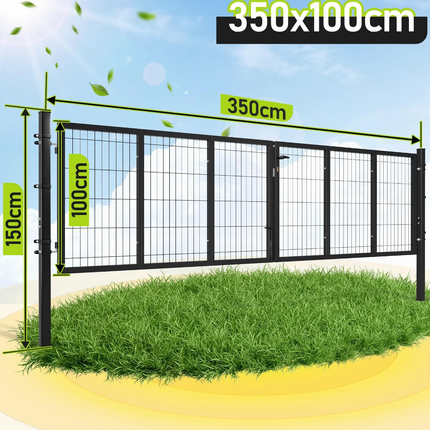 350 x 100 cm cancello da giardino, recinzione da giardino, doppia anta in acciaio zincato, con manico, serratura e 3 chiavi, robusto cancello da giardino, antracite
