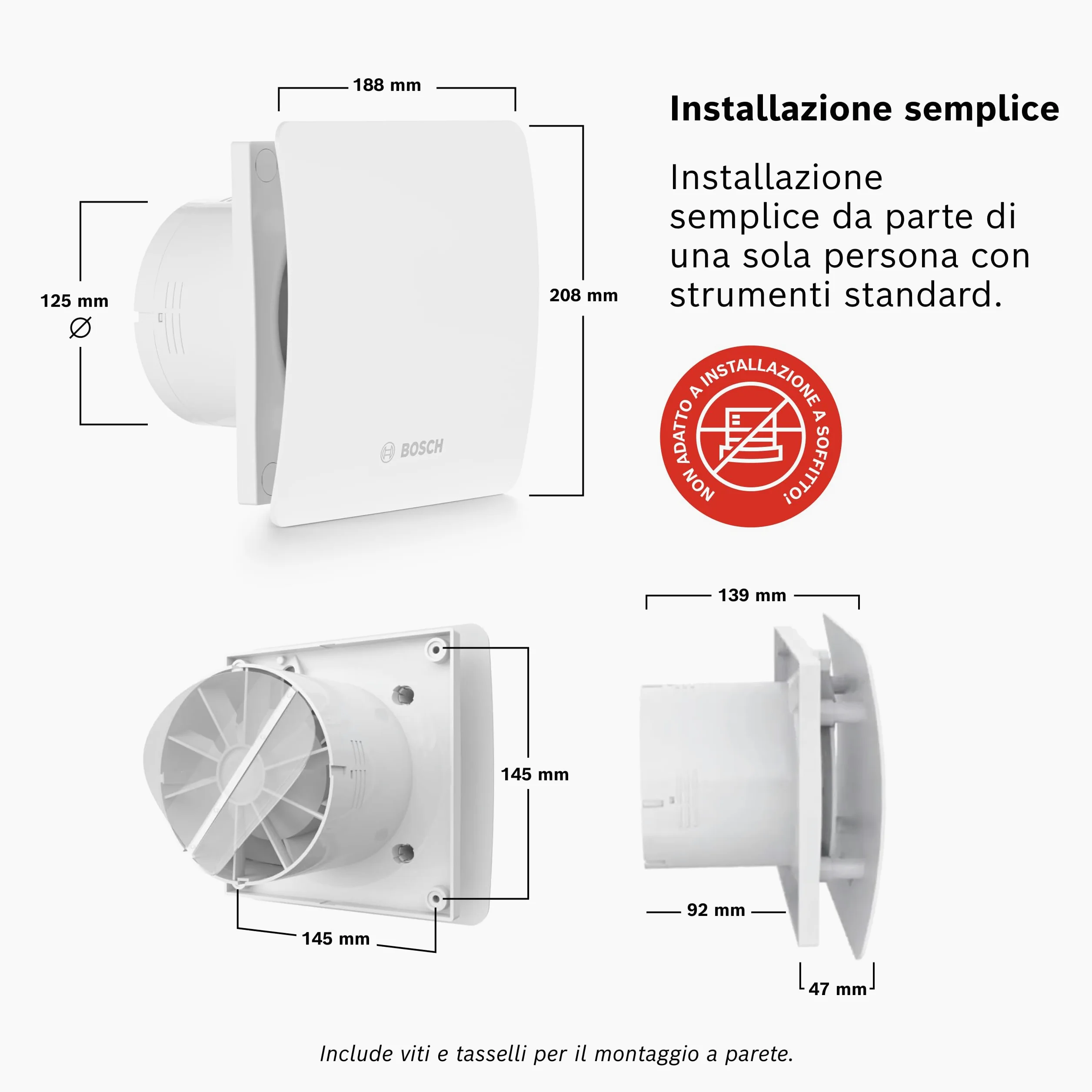 Bosch Aspiratore da bagno 1500 125mm - Per la ventilazione in bagno e WC, contro umidità e muffa - Con attivazione tramite interruttore della luce - 125 mm di diametro