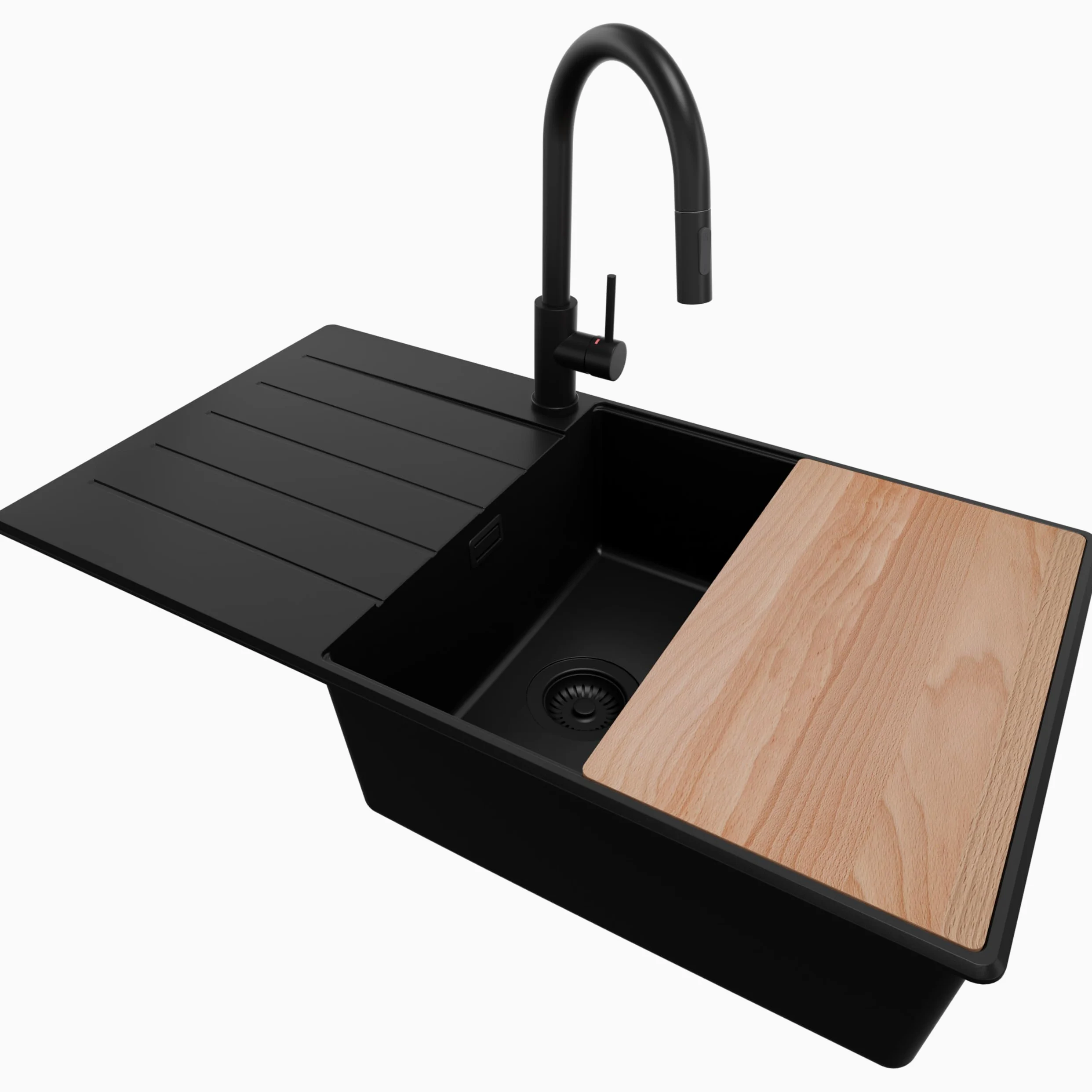 PRIMAGRAN Lavandino da Cucina Tutto Nero 90x50cm, Lavello in Granito a 1 vasca + Rubinetto 40x20cm + Set di accessori, Lavabo da Cucina Incasso al Mobile 60cm - Copenhagen Top S734