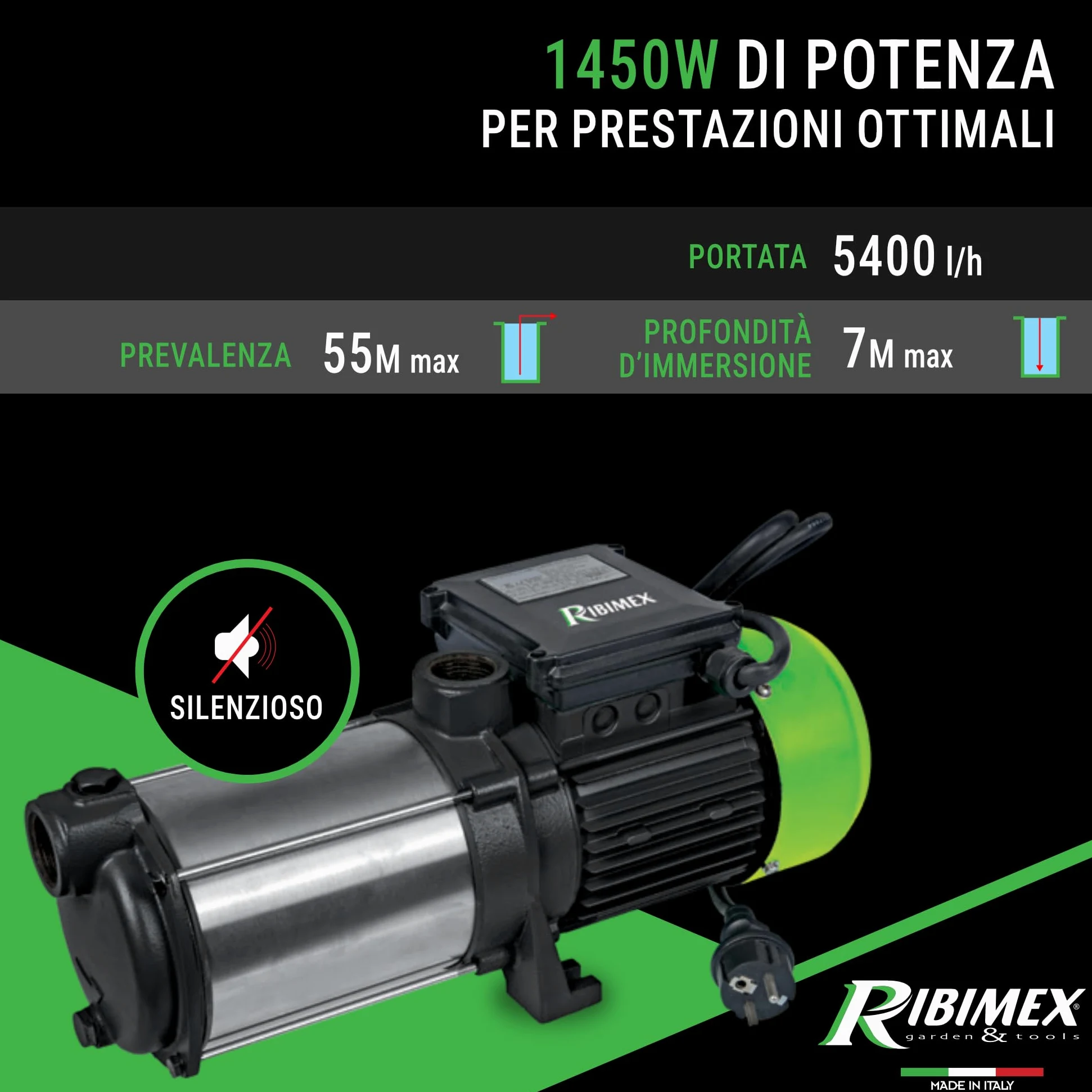 Ribimex Pompa di Superficie Autoadescante Multicellulare 5 Turbine, 1450 W, Portata 5400 L/h, Prevalenza 55 m, Aspirazione Fino a 7 m, Corpo in Inox, Ideale per Pressurizzazione e Irrigazione - PRMCA5