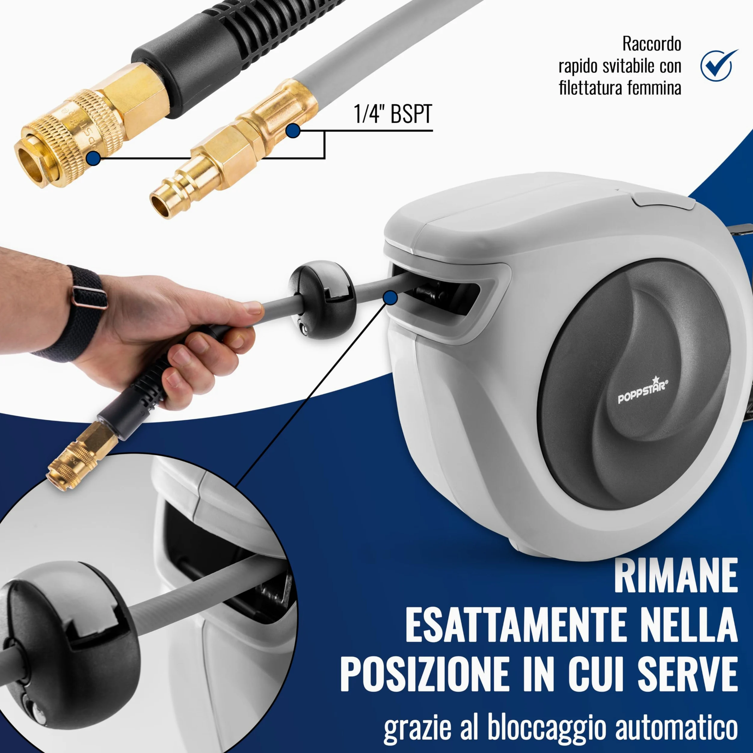 Poppstar Avvolgitubo per tubi ad aria compressa (15m+1,1m, diametro 3/8" (9,2x14mm)), attacco rapido 1/4" BSPT, avvolgitubo con tubo PVC ibrido