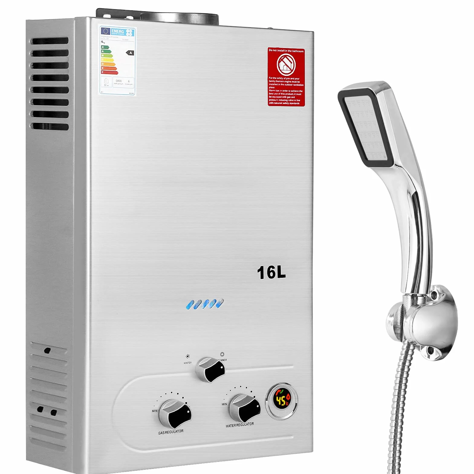 Scaldabagno a Gas 16LPM, Scaldabagno Gas GPL 32KW, Funziona a Bassa Pressione dell'Acqua con Propano e Butano, Adatto per Case Camper Cabine Esterno